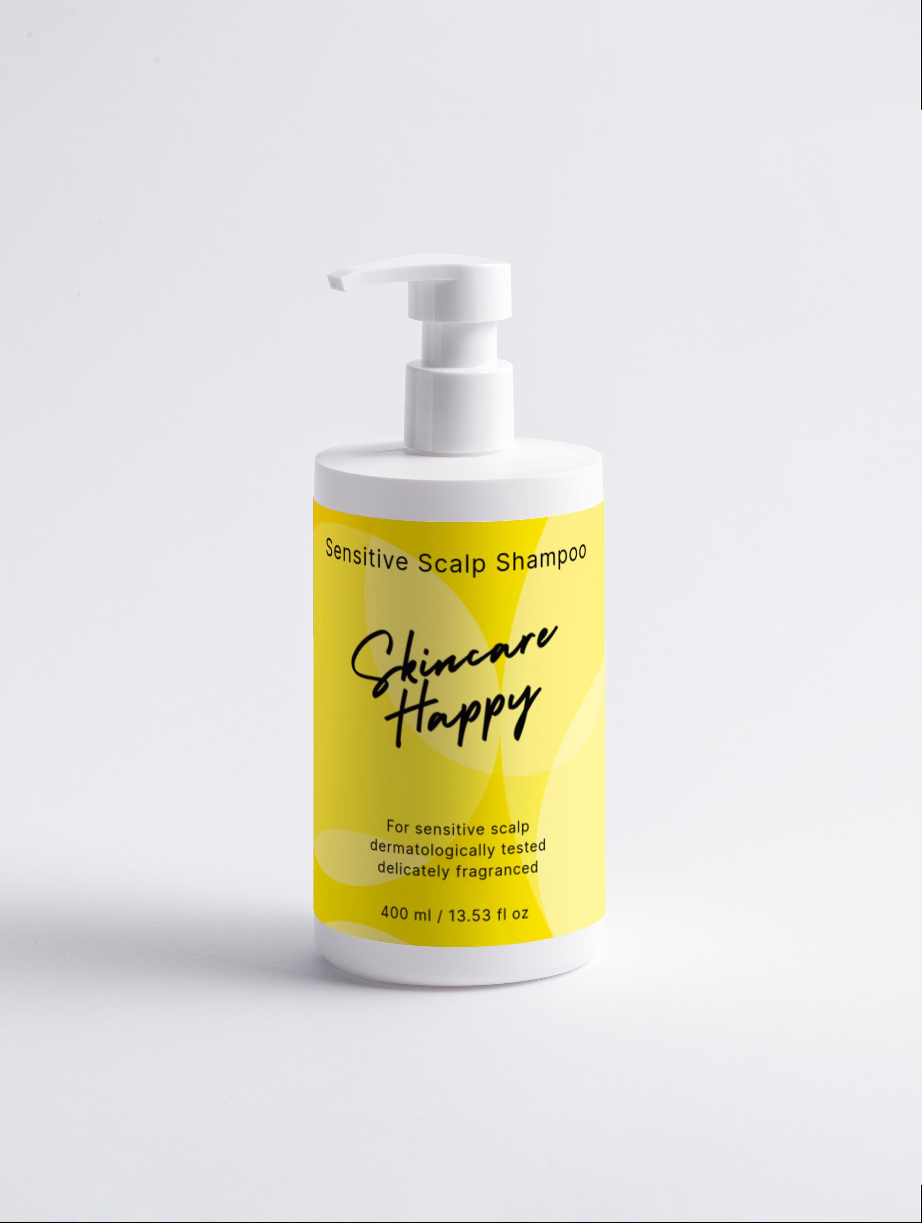 Skincare Happy shampoo bottle with yellow label on a white background