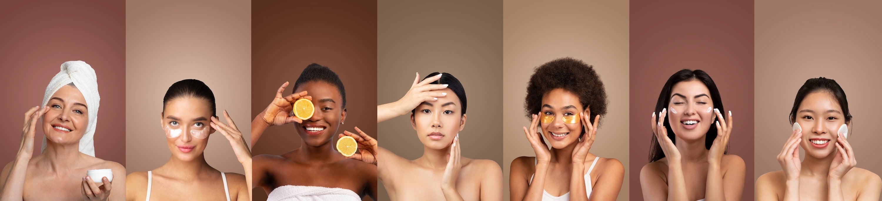 Collage of a woman from various nationalities applying cream to her face with a beige background