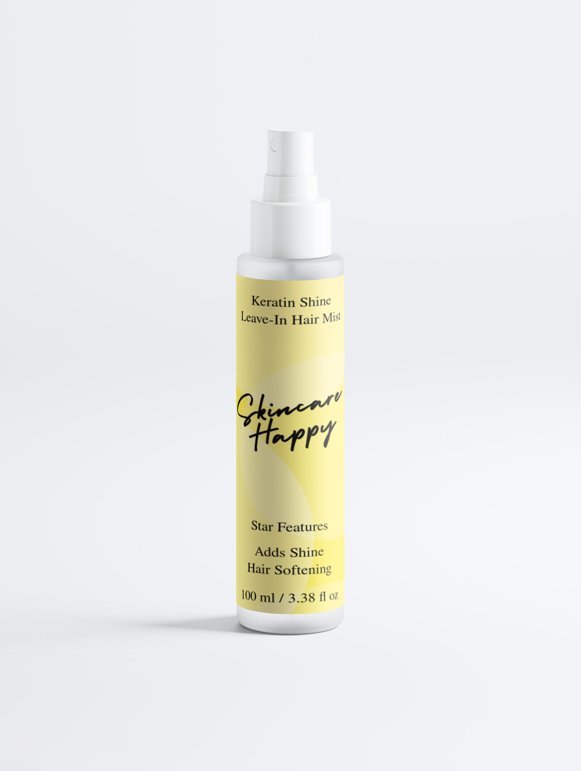 Skincare Happy hair care product bottle with yellow label on a white background