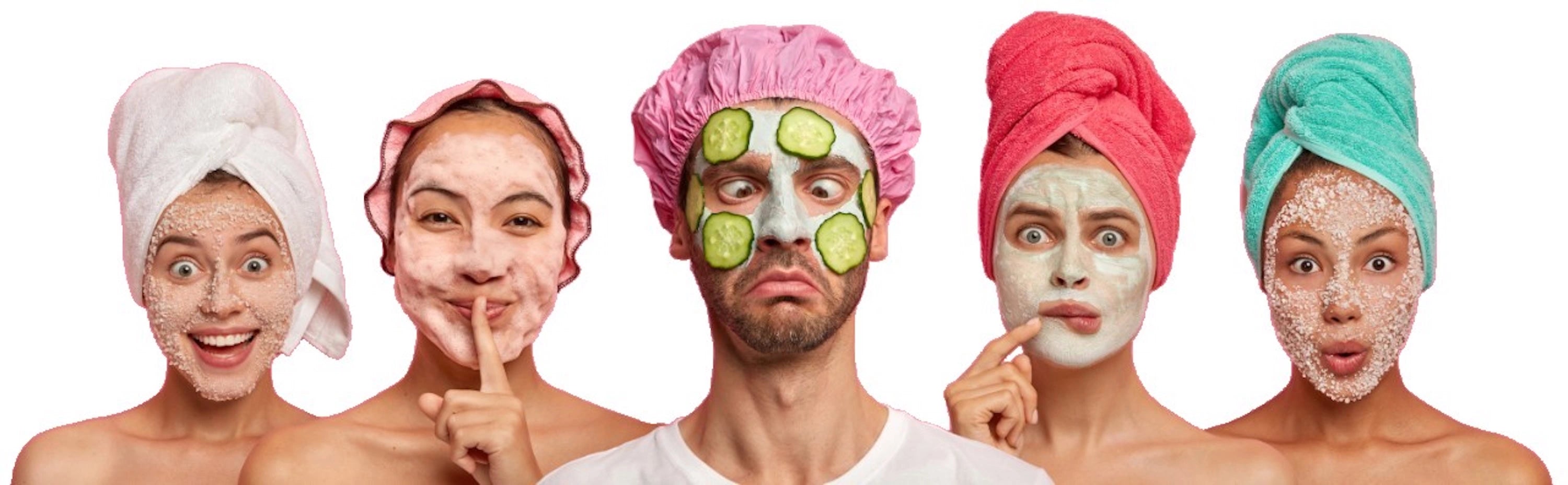 Five people with various face masks and colorful towels on a white background