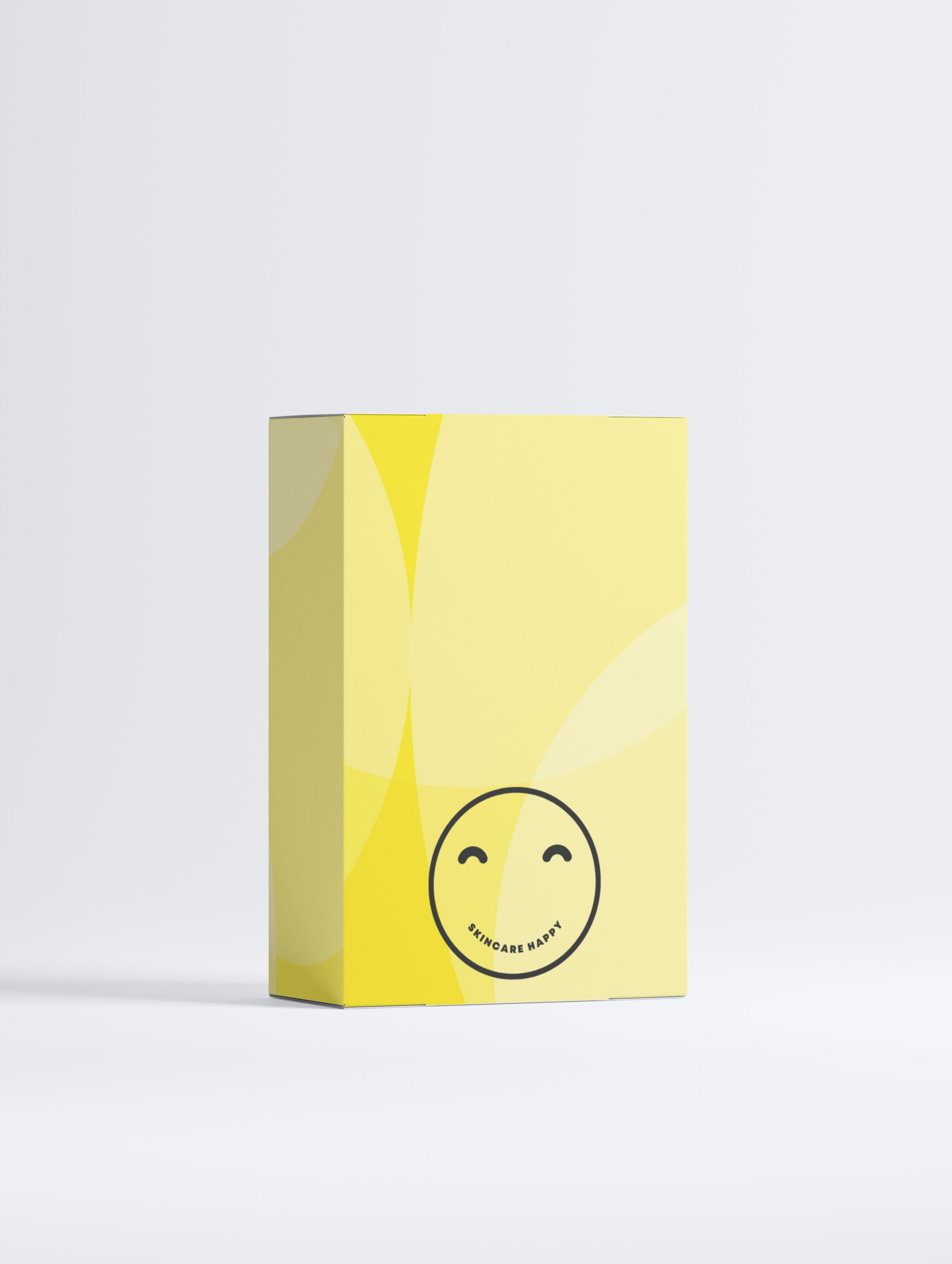 Yellow box with a smiley face logo on a white background