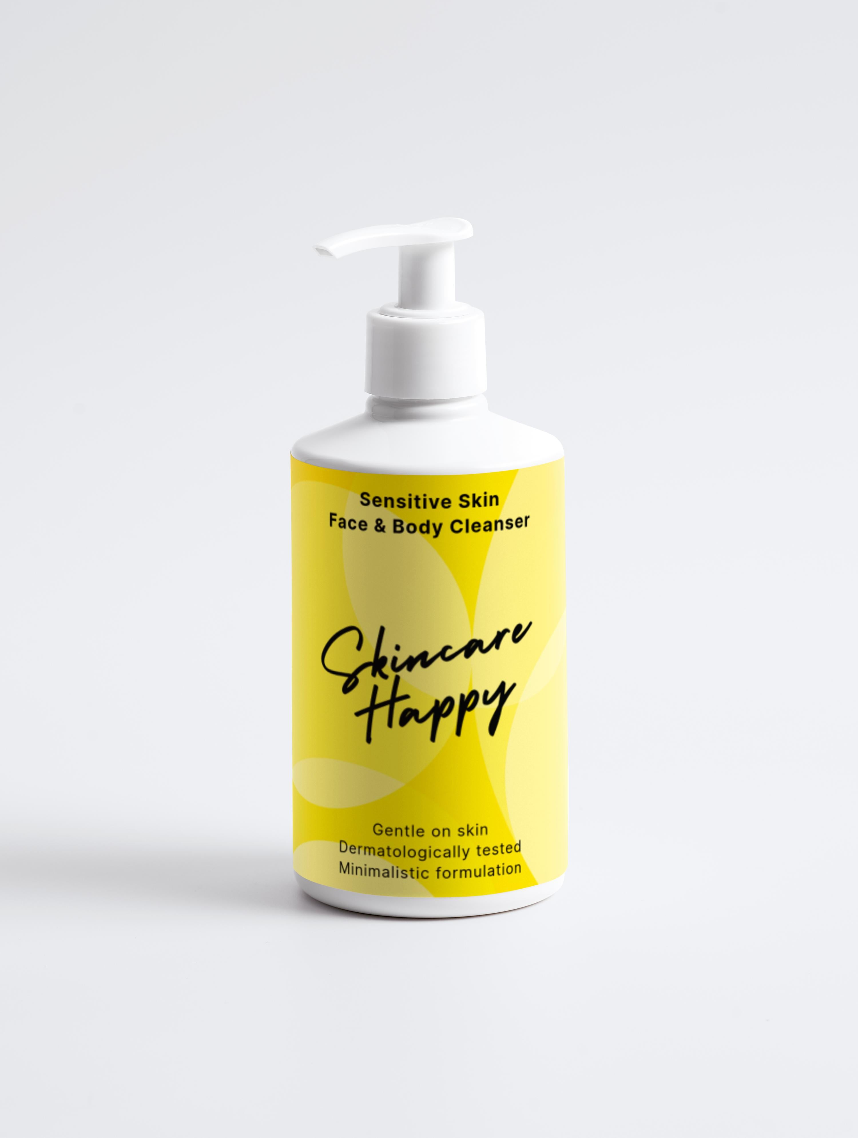 Skincare Happy face and body cleanser bottle on a white background
