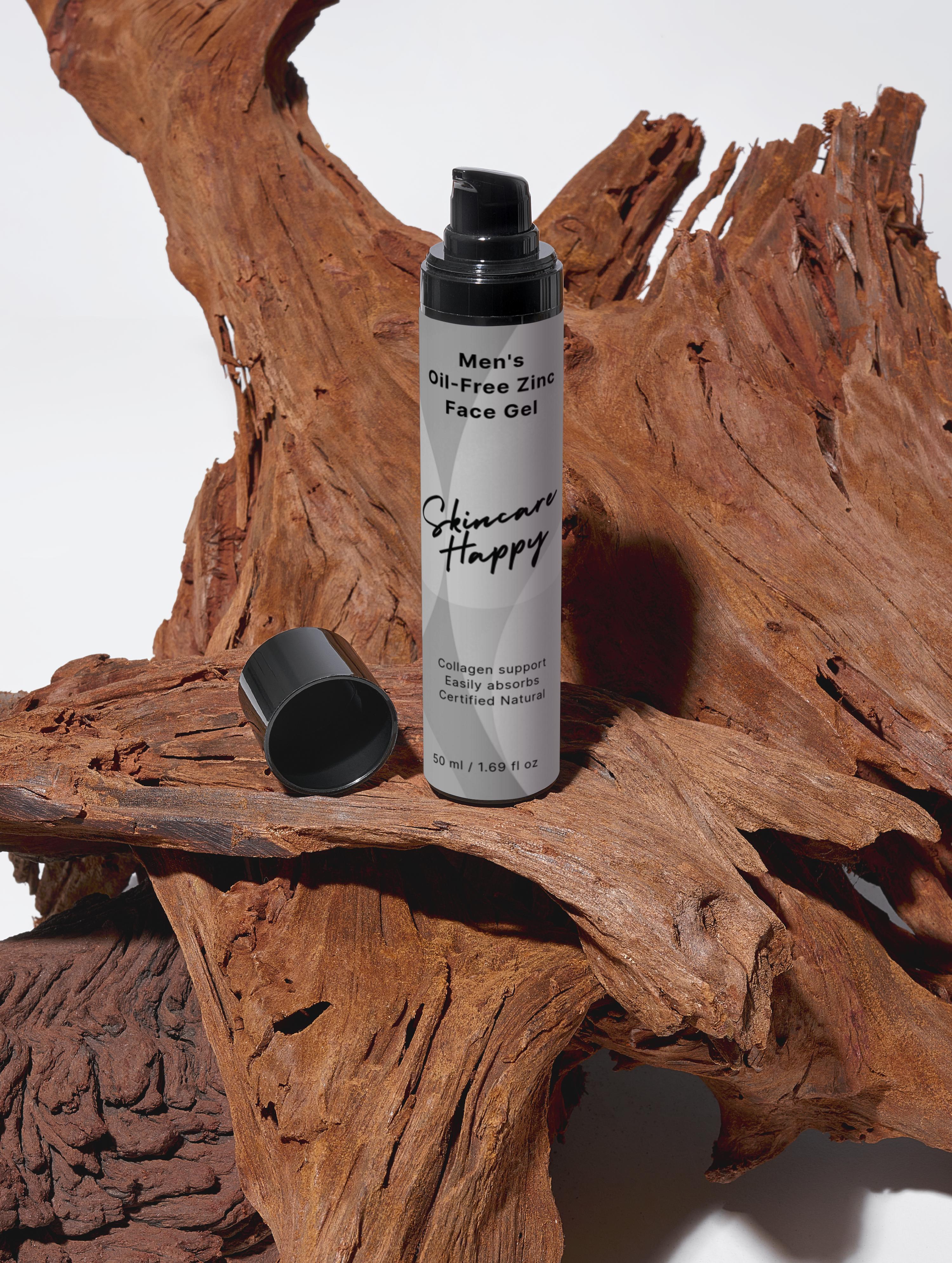 Skincare product bottle labeled 'Skincare Happy' on a wooden surface