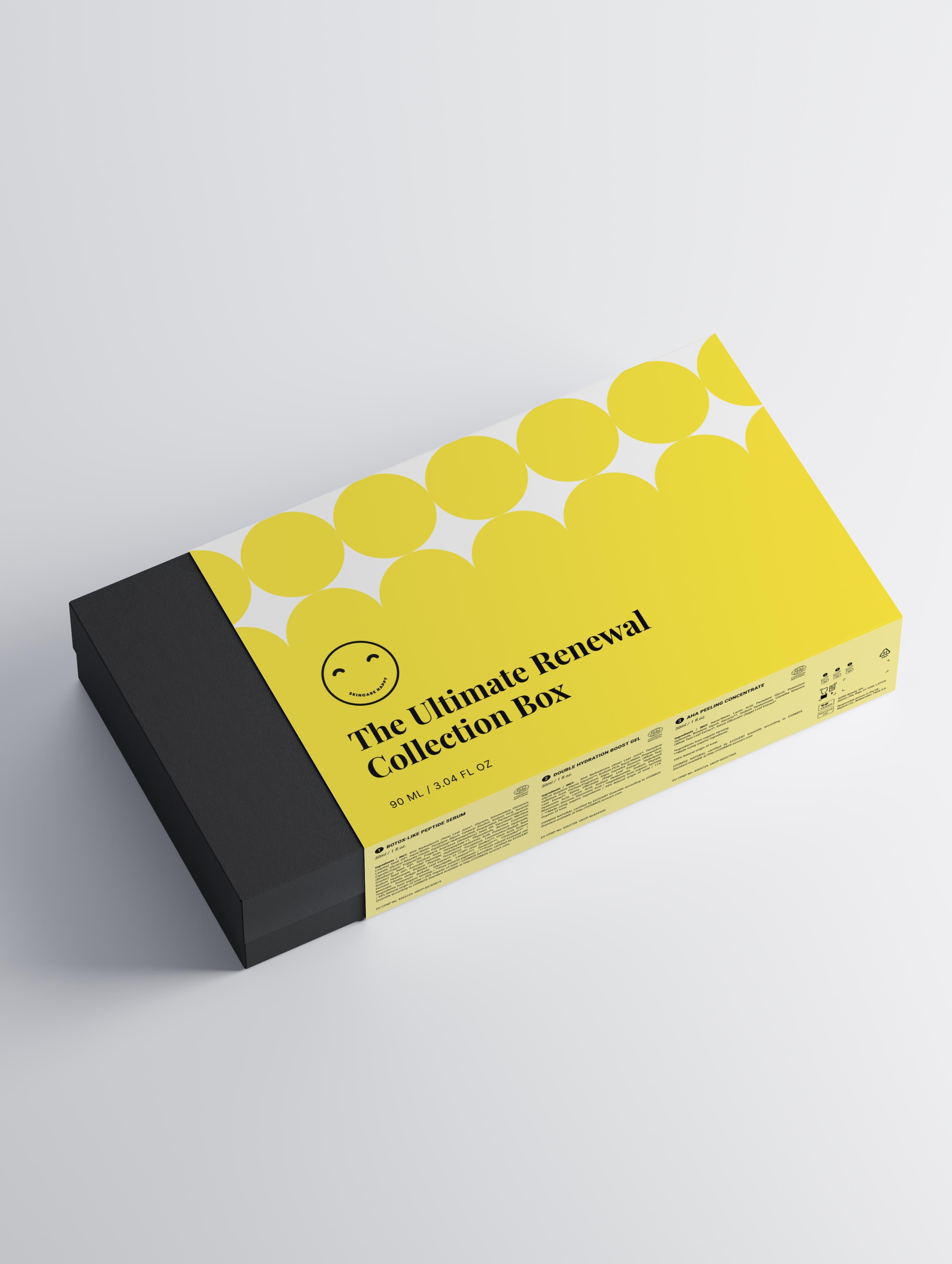 Yellow and black box with 'The Ultimate Renewal Collection Box' text on a light gray background