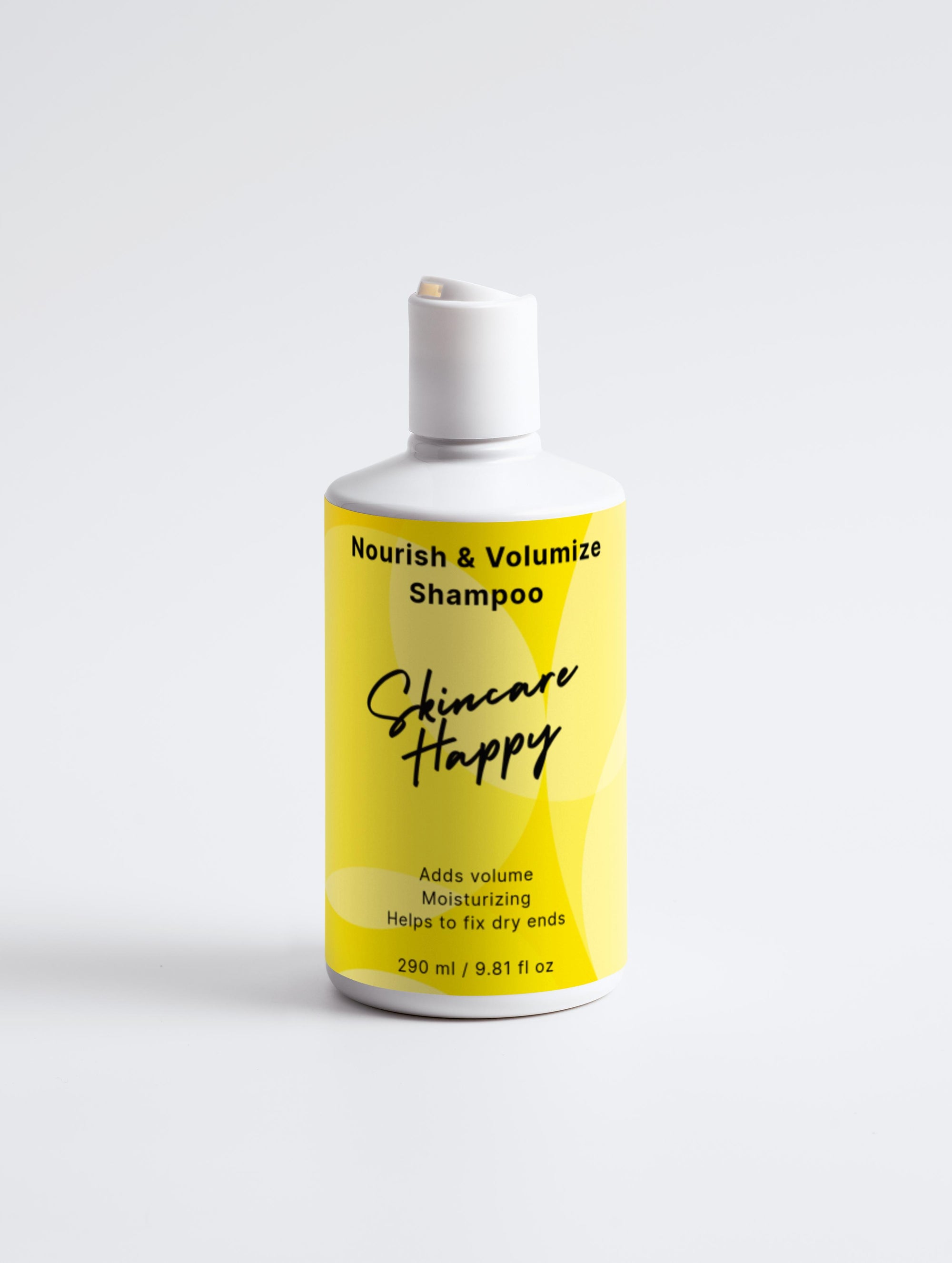 Shampoo bottle with yellow label on a white background