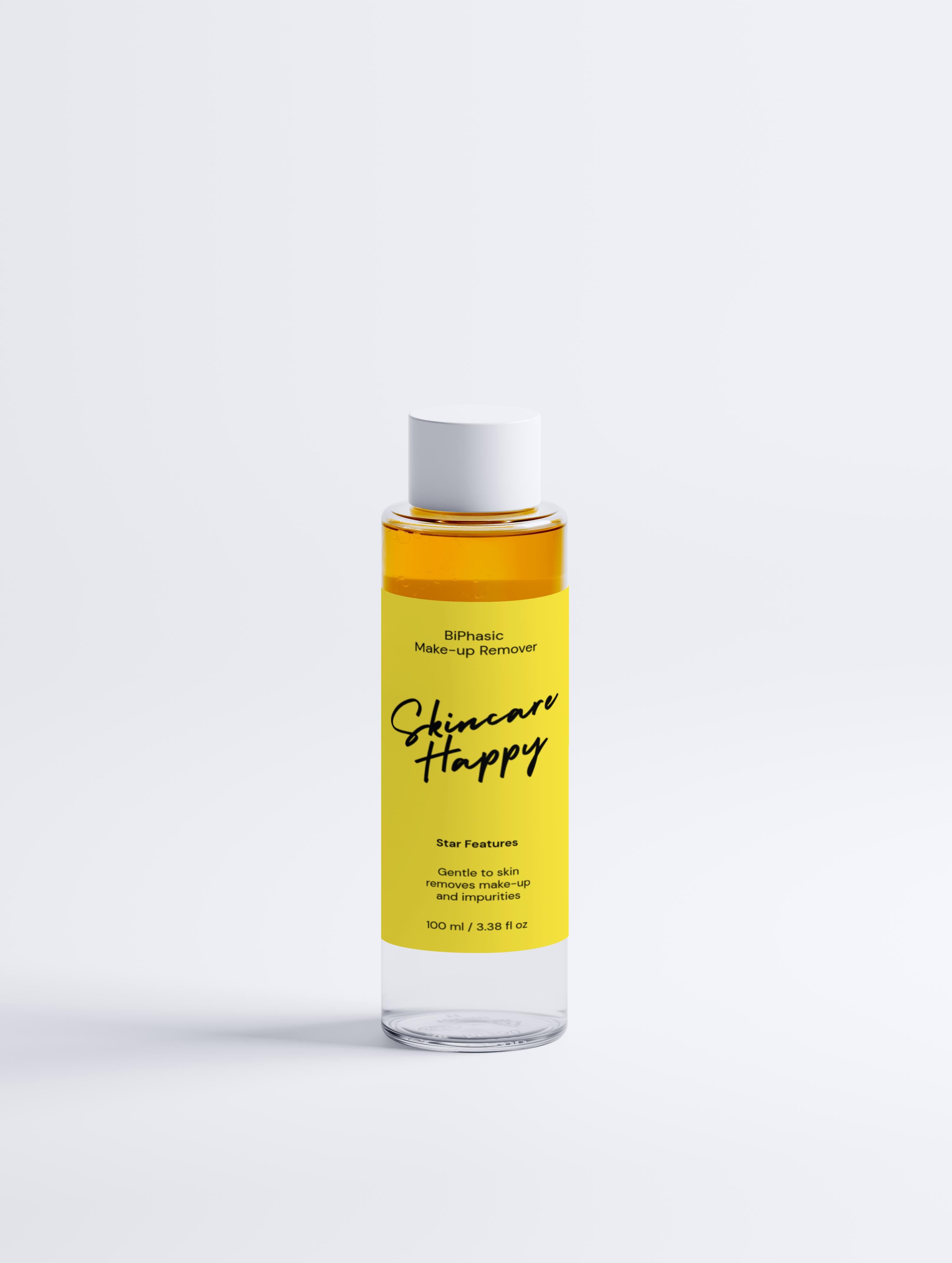 Skincare Happy bottle of make-up remover on a white background