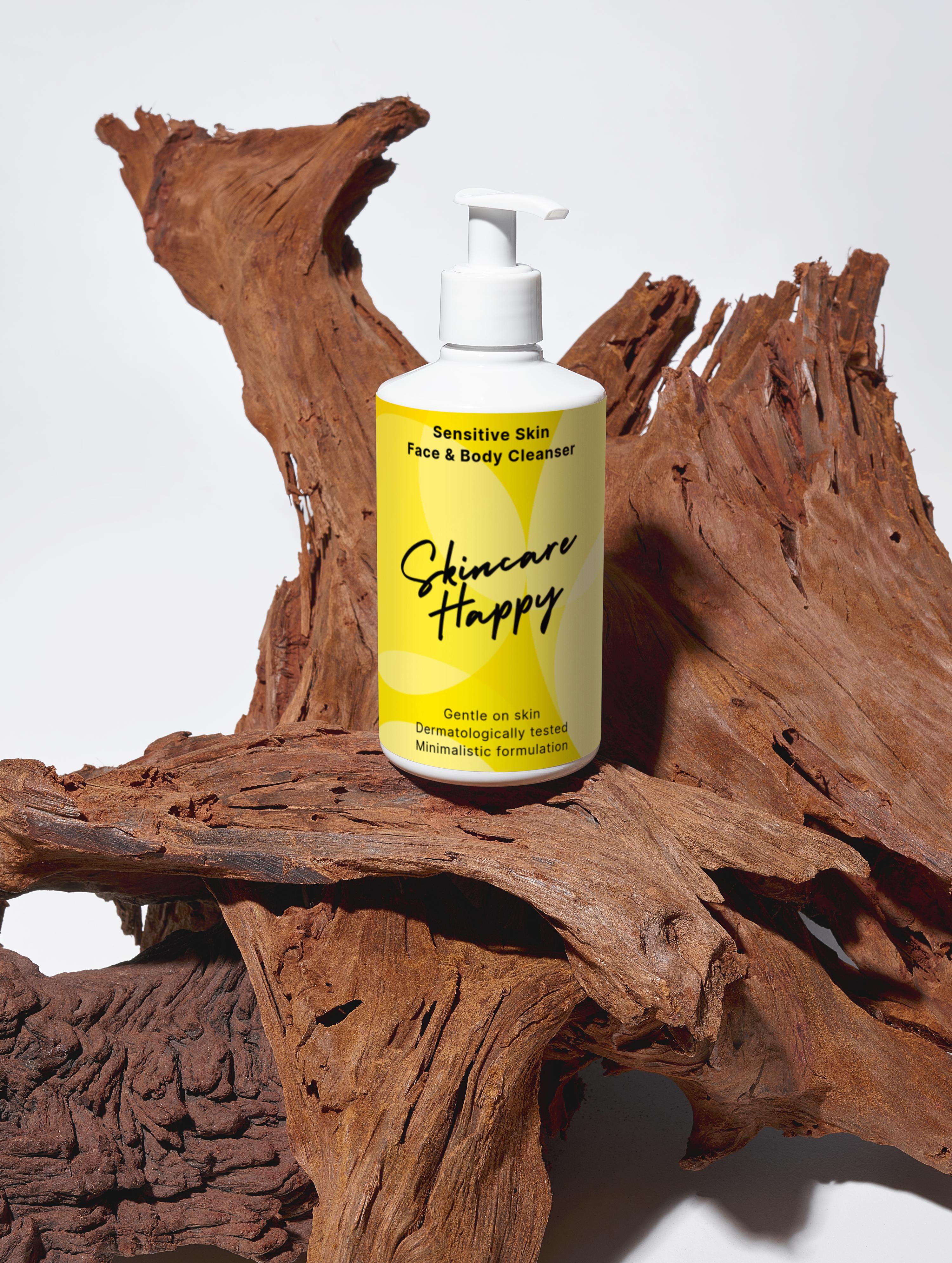 Skincare Happy bottle on a wooden surface