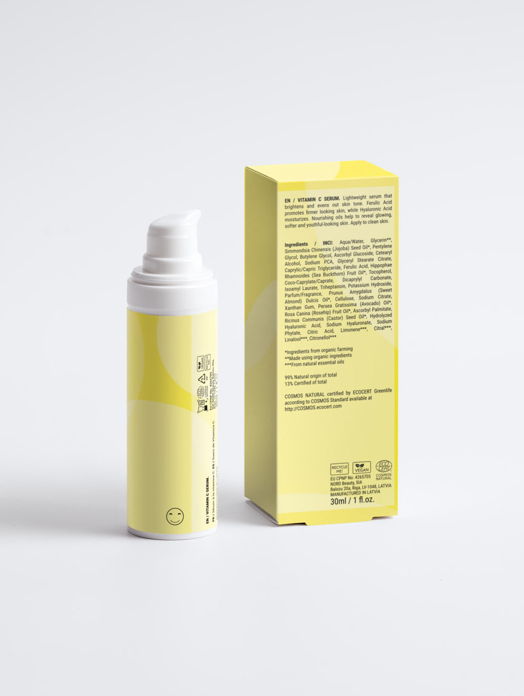 Yellow skincare product with packaging on a white background