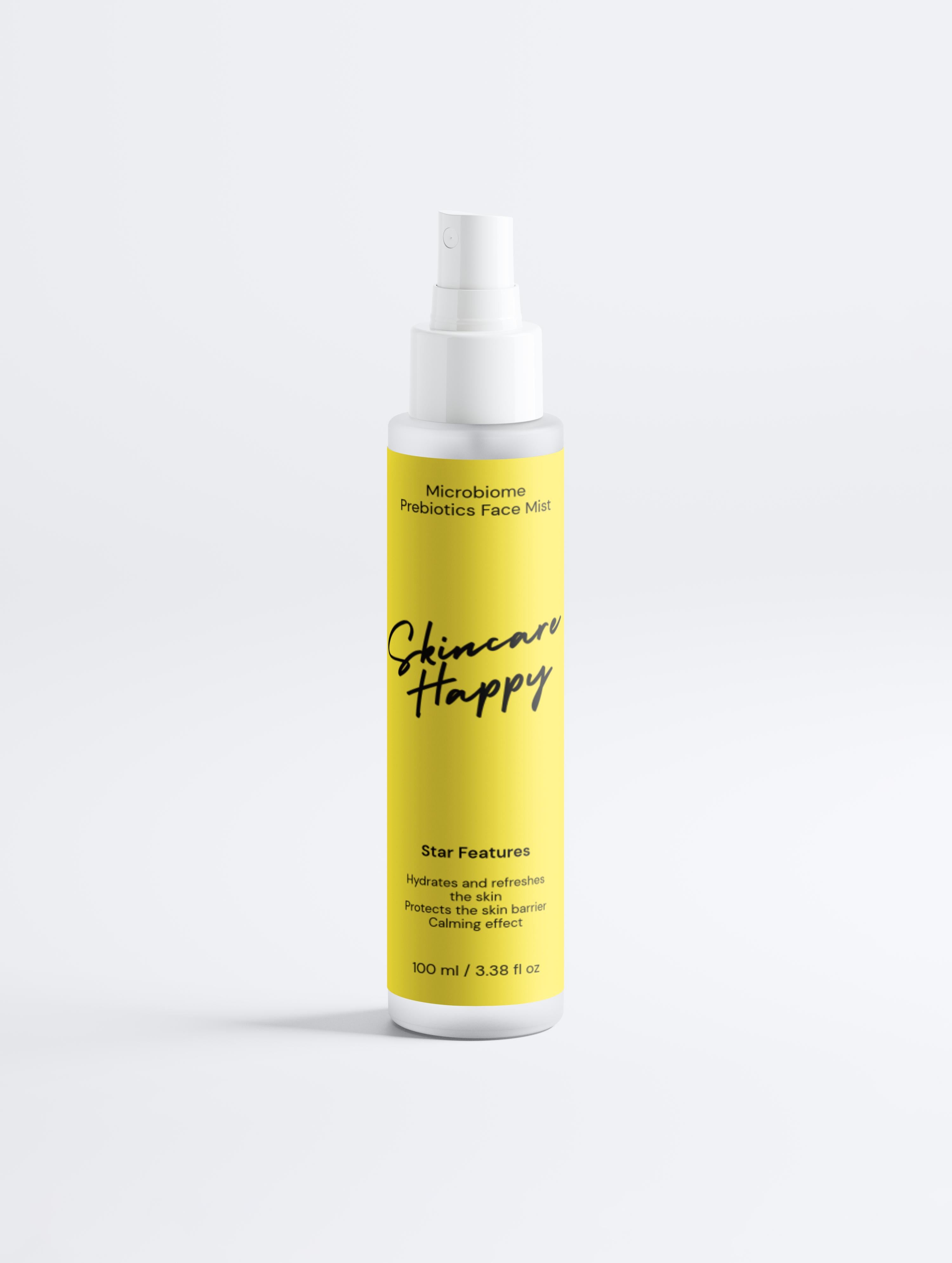 Skincare Happy facial mist bottle with yellow label on a white background