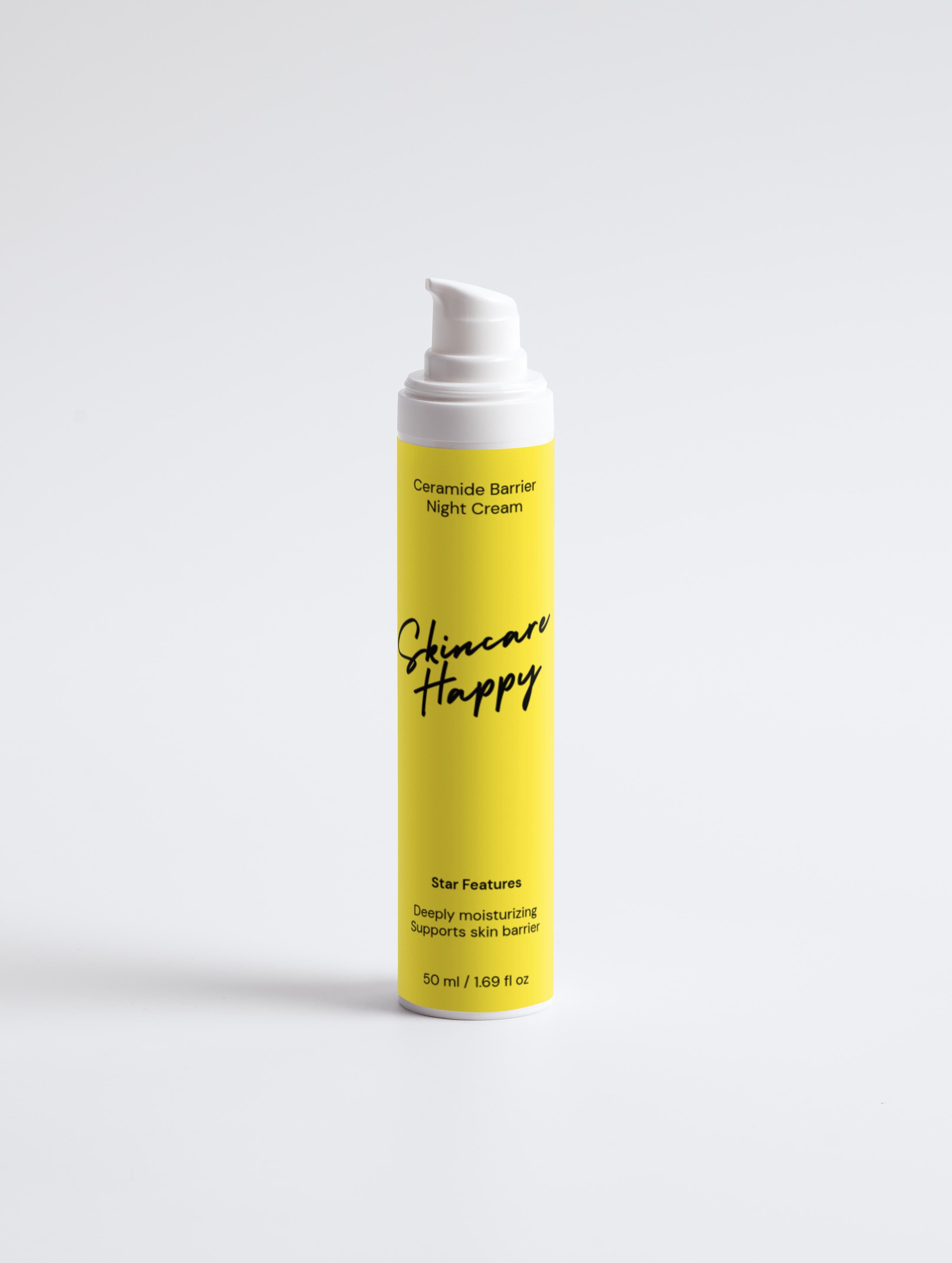 Skincare Happy night cream bottle with yellow label on a white background