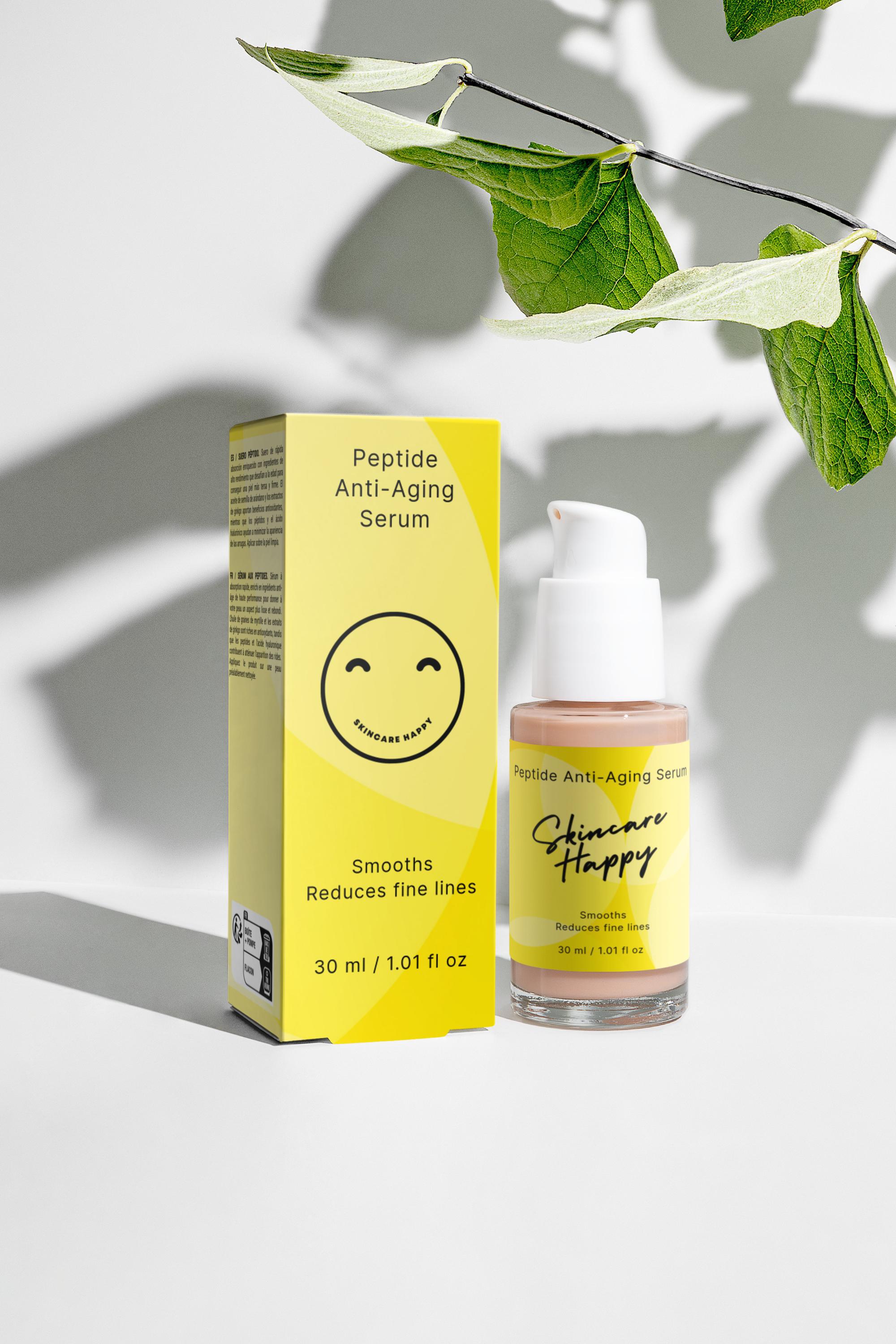 Peptide anti-aging serum with packaging on a light background