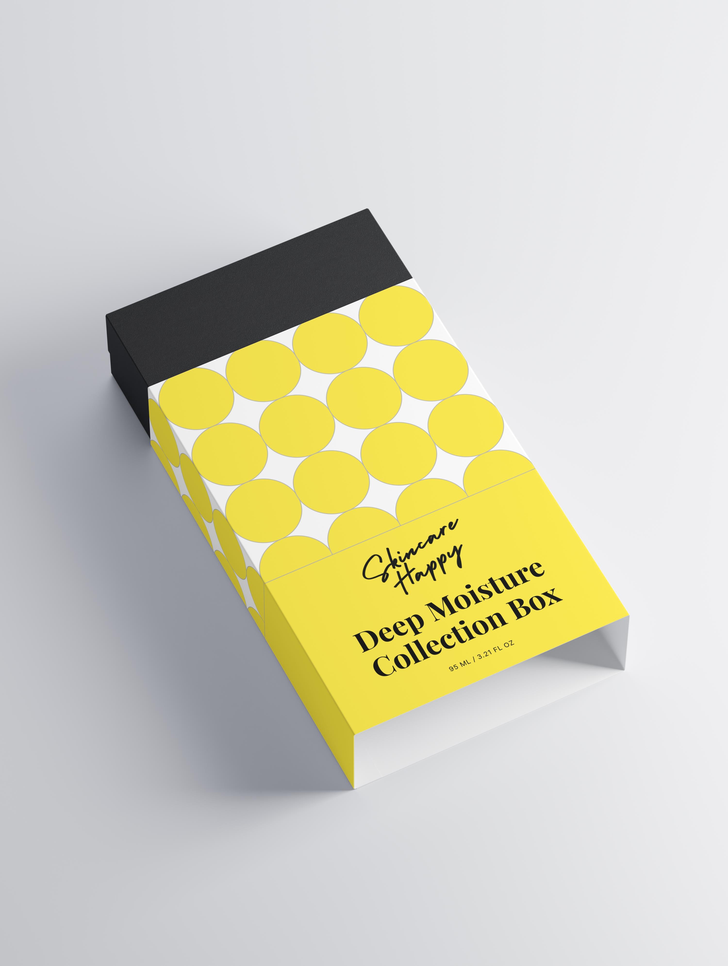 Yellow and black box with circular patterns on a light gray background