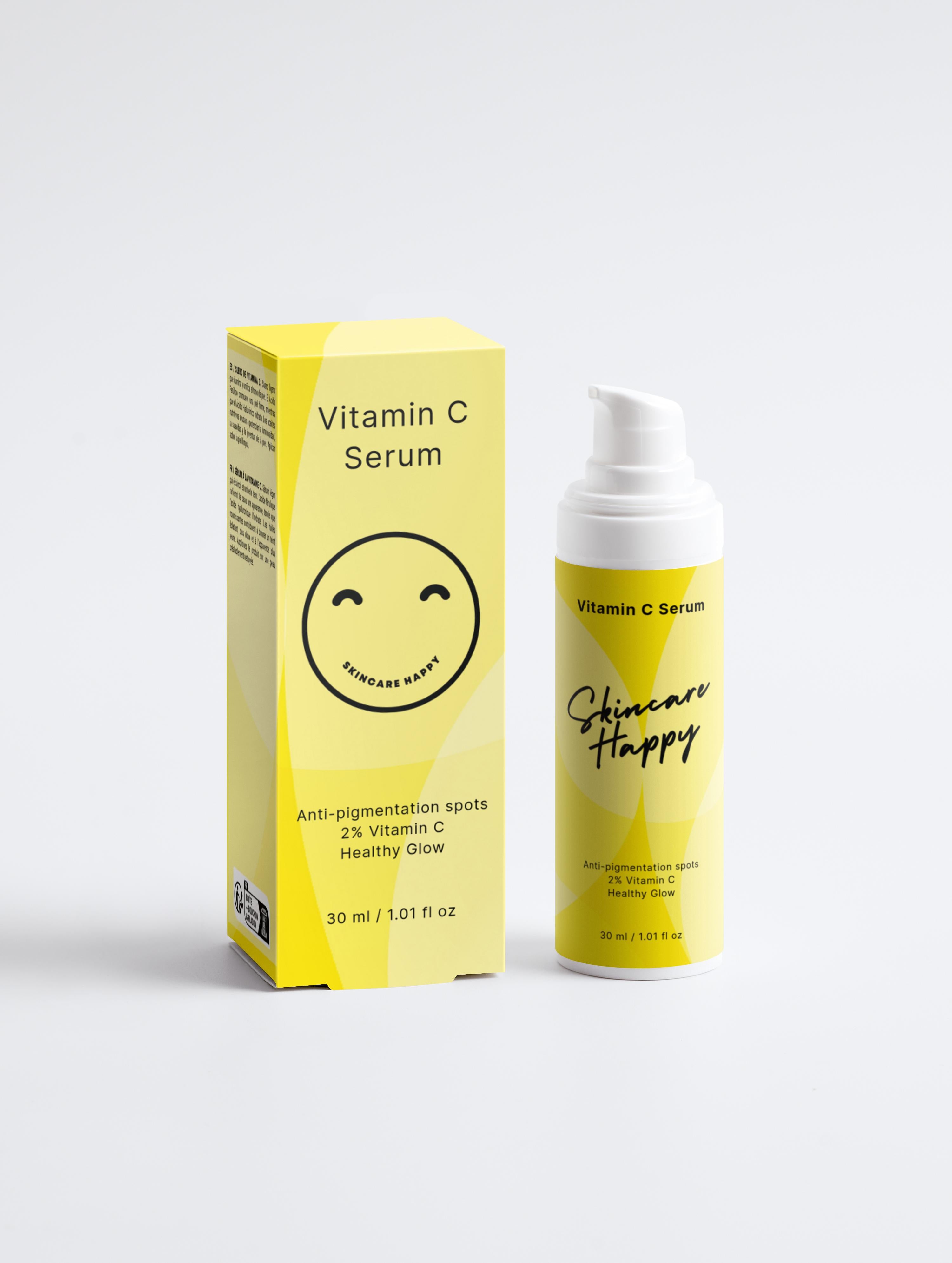 Vitamin C serum packaging with yellow box and white bottle on a light gray background