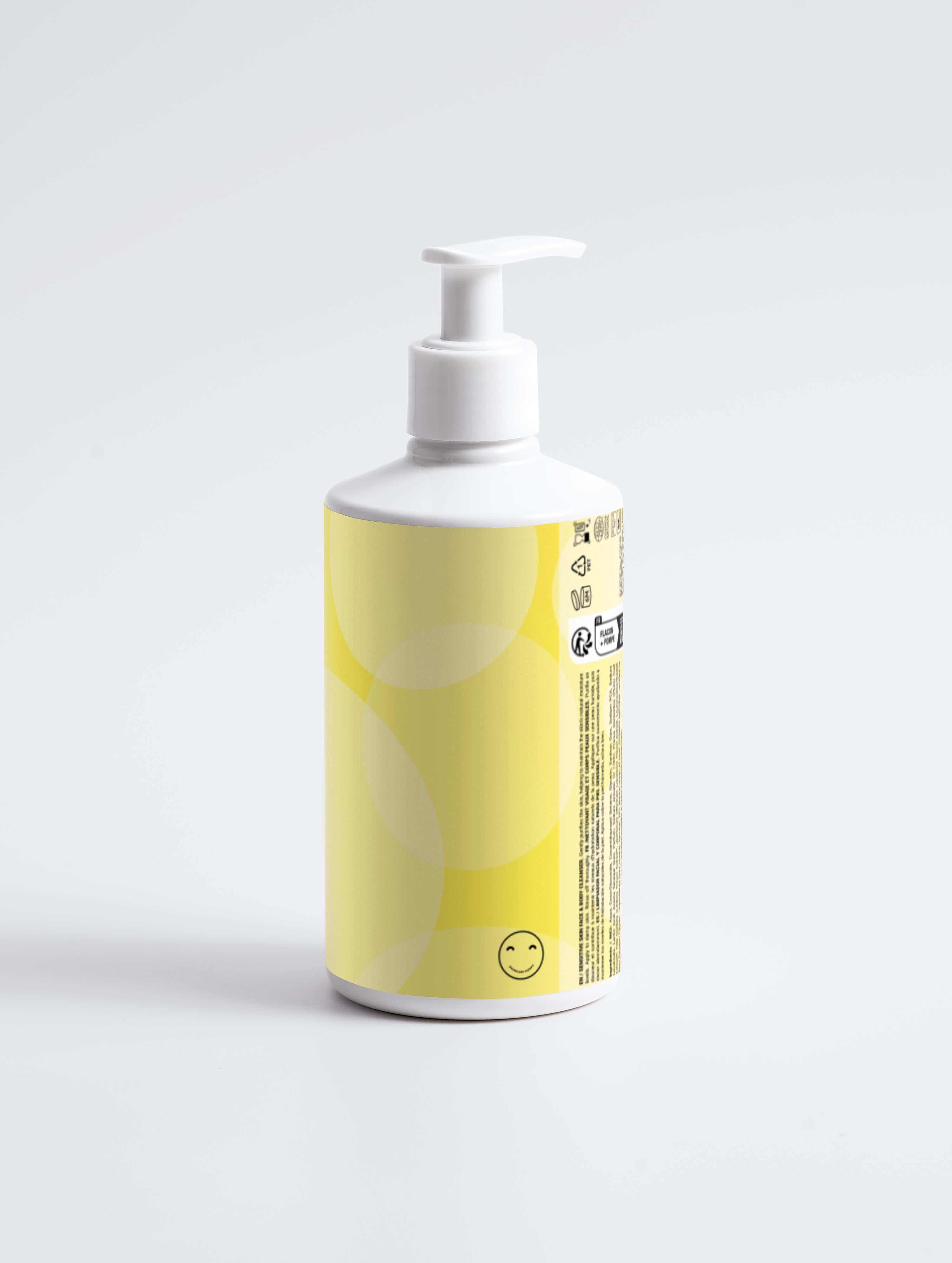 White bottle with a yellow label on a white background
