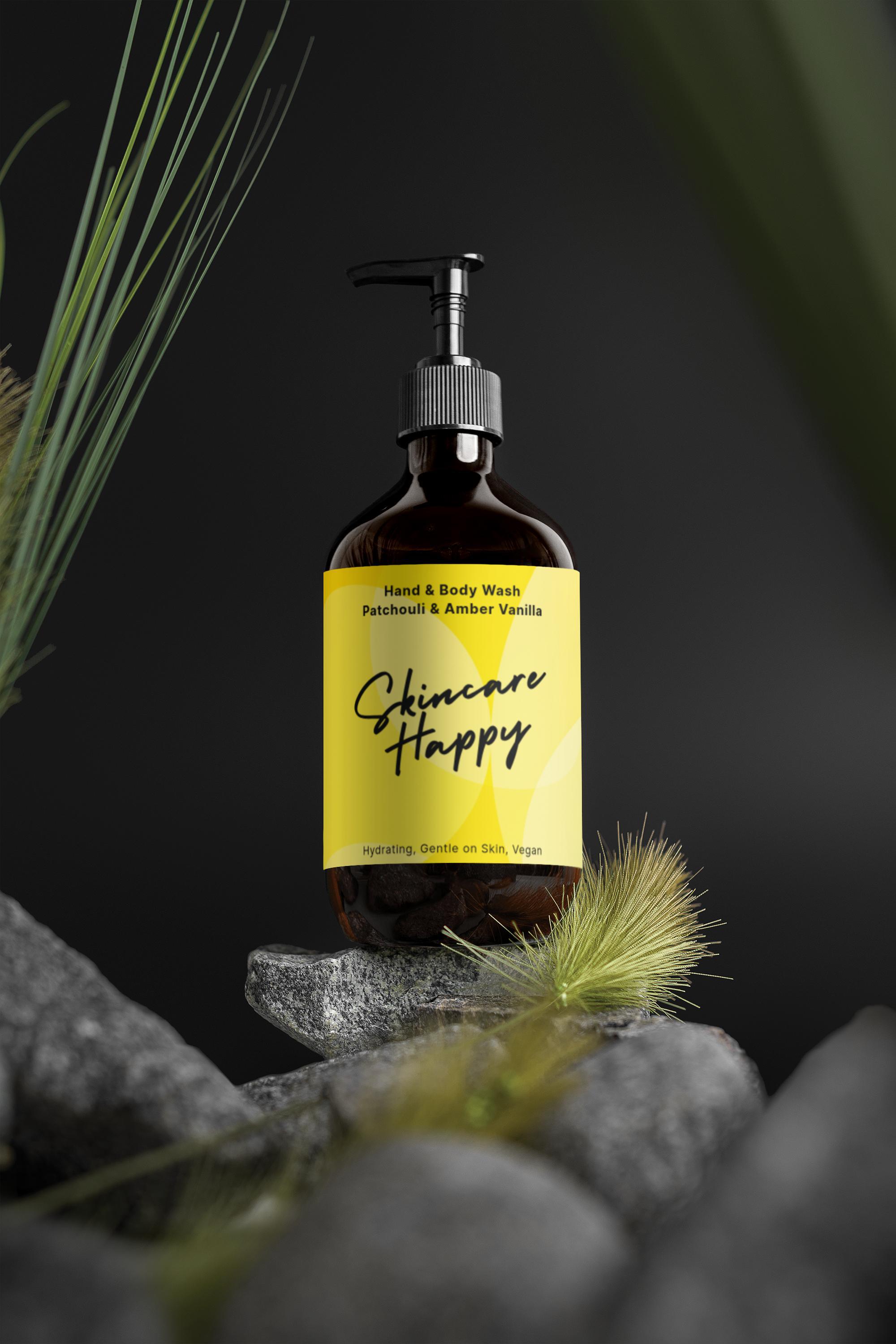 Hand and body wash bottle with a yellow label on a dark background
