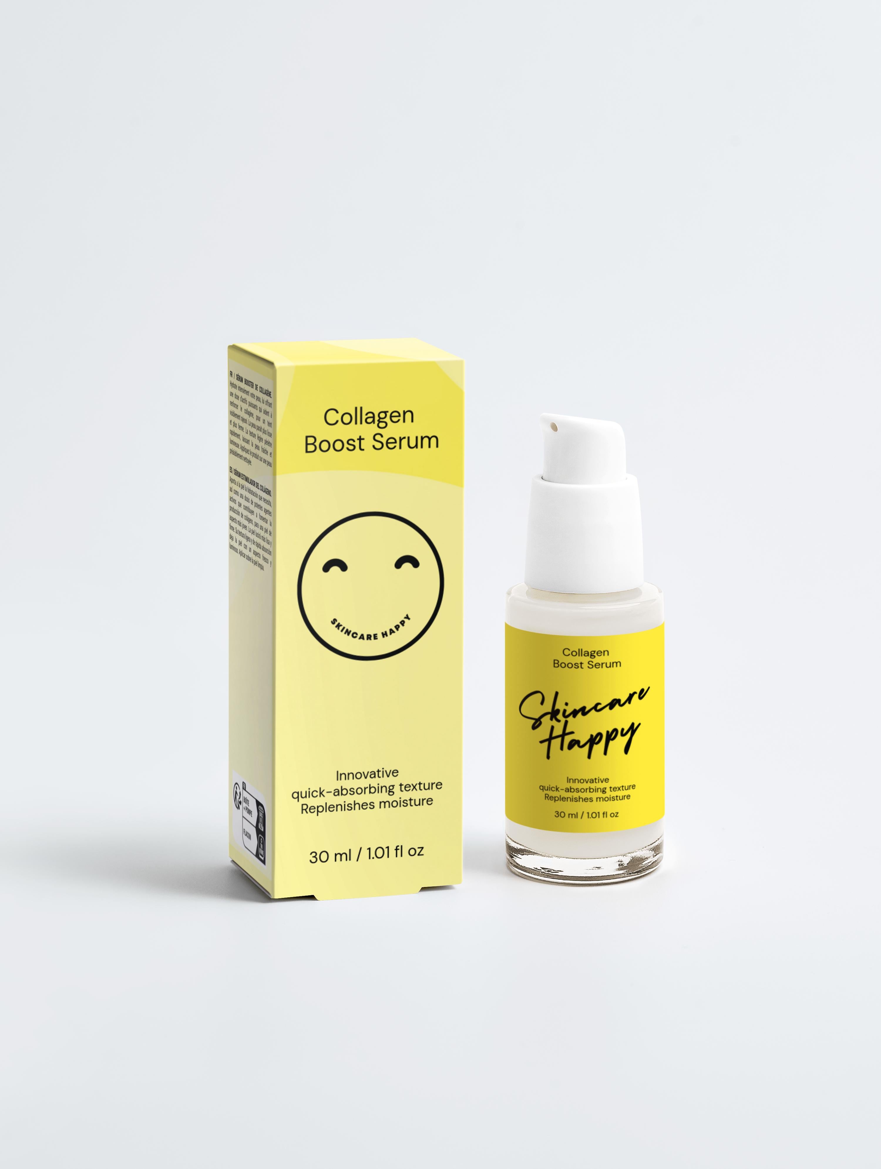 Collagen boost serum with yellow packaging and white dropper on a light gray background