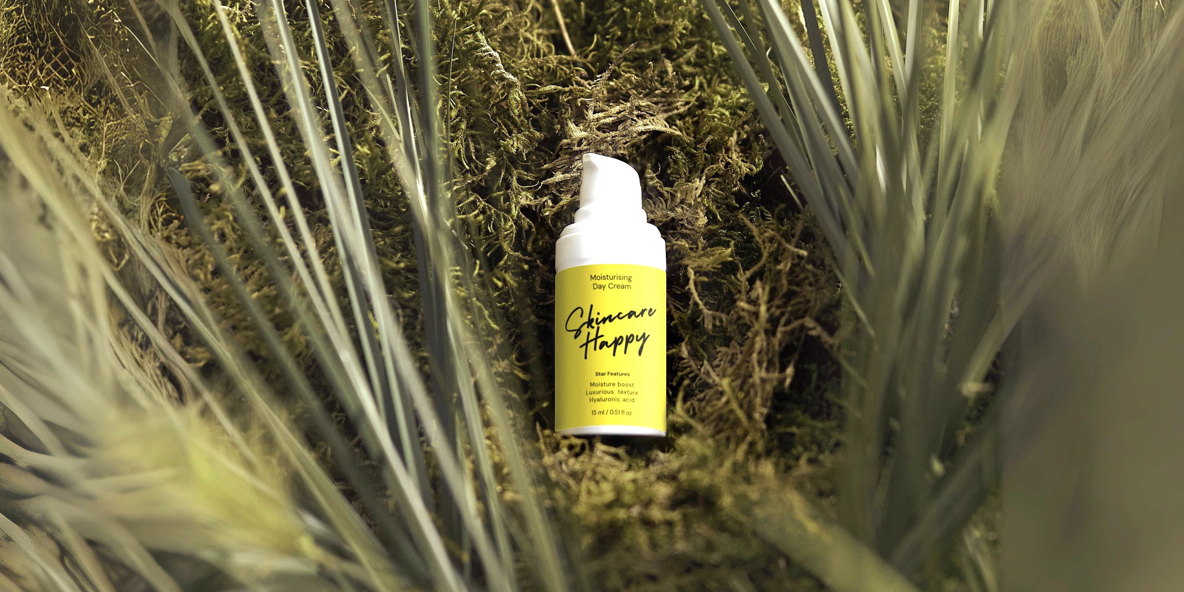 Pump bottle labeled 'Skincare Happy' on a grassy background