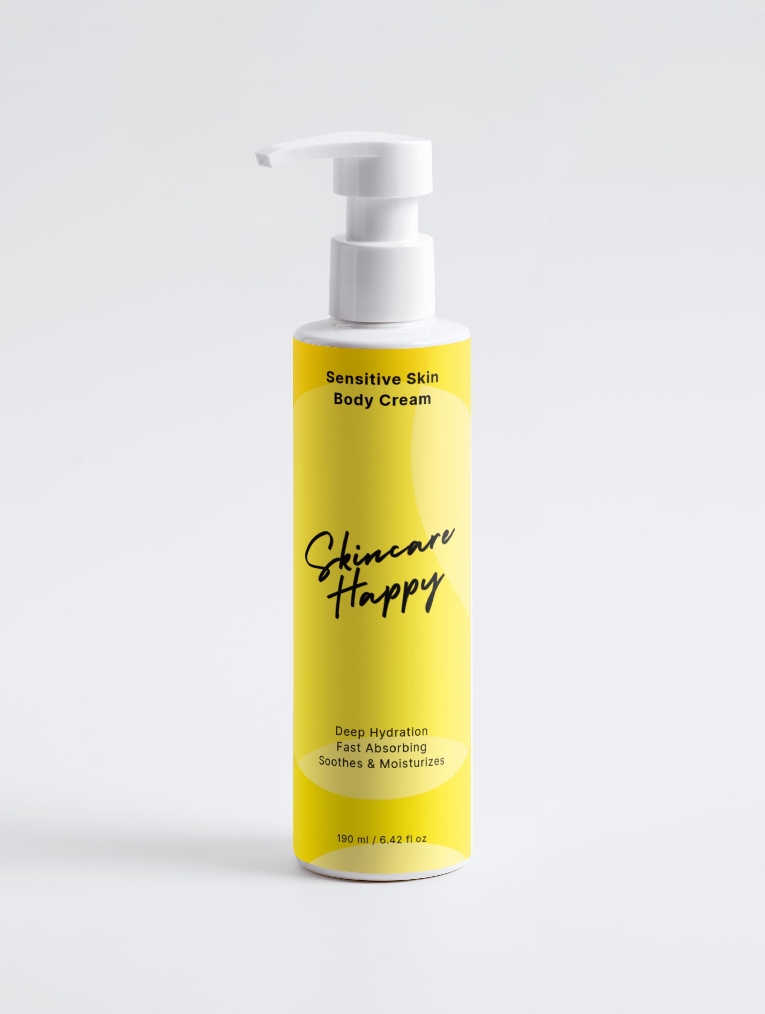 Yellow bottle of Skincare Happy Sensitive Skin Body Cream on a white background