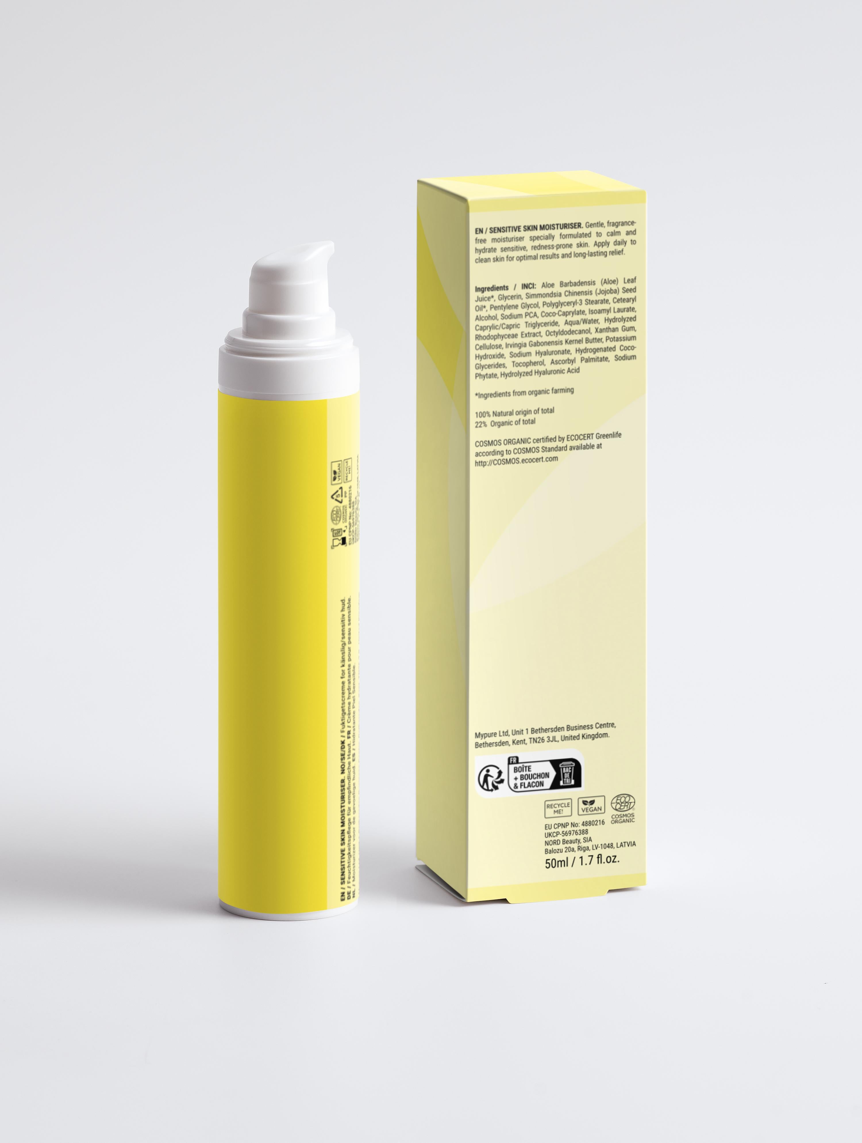Yellow spray bottle and its packaging on a light gray background