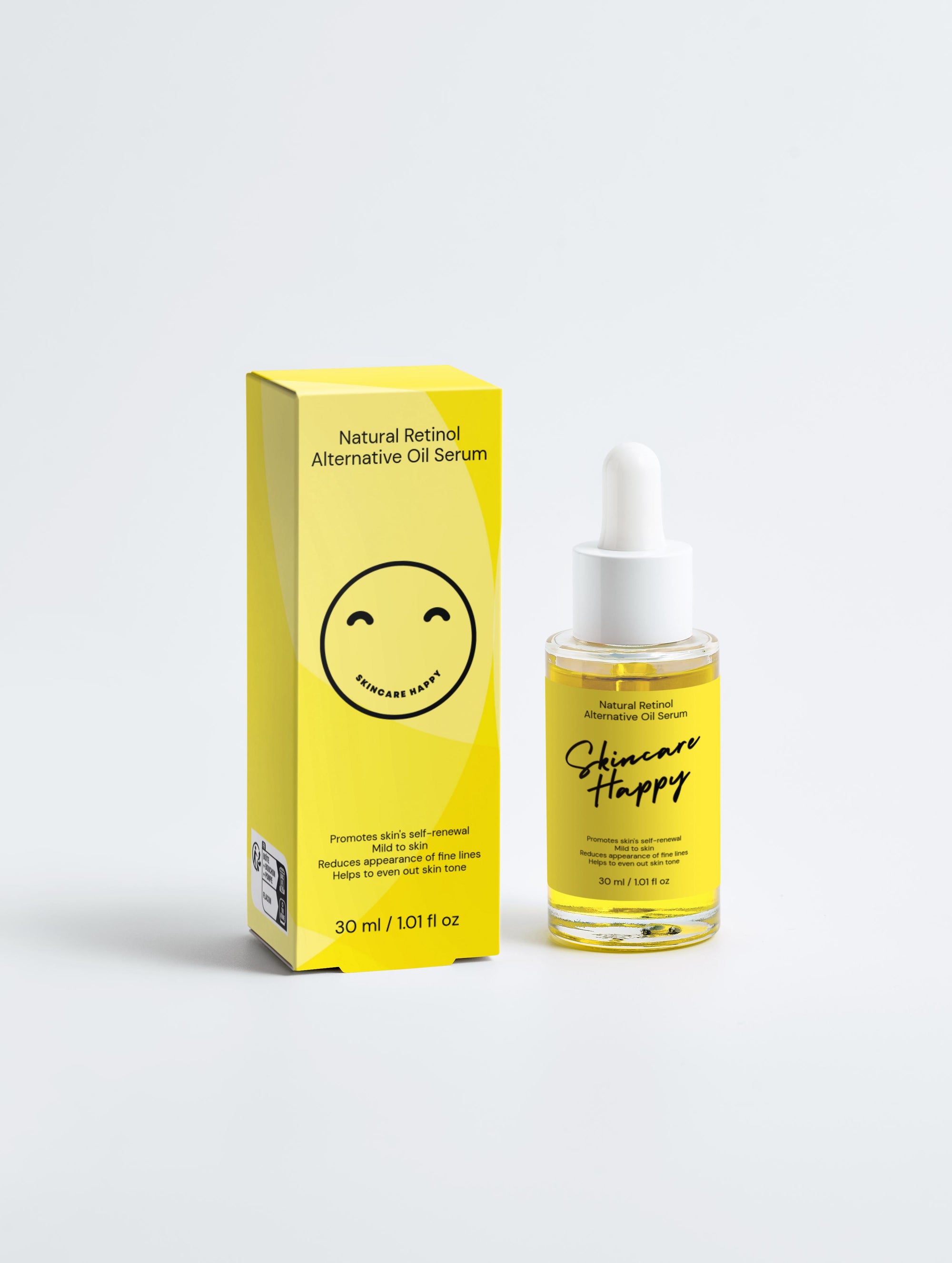 Skincare Happy oil serum bottle and packaging on a white background