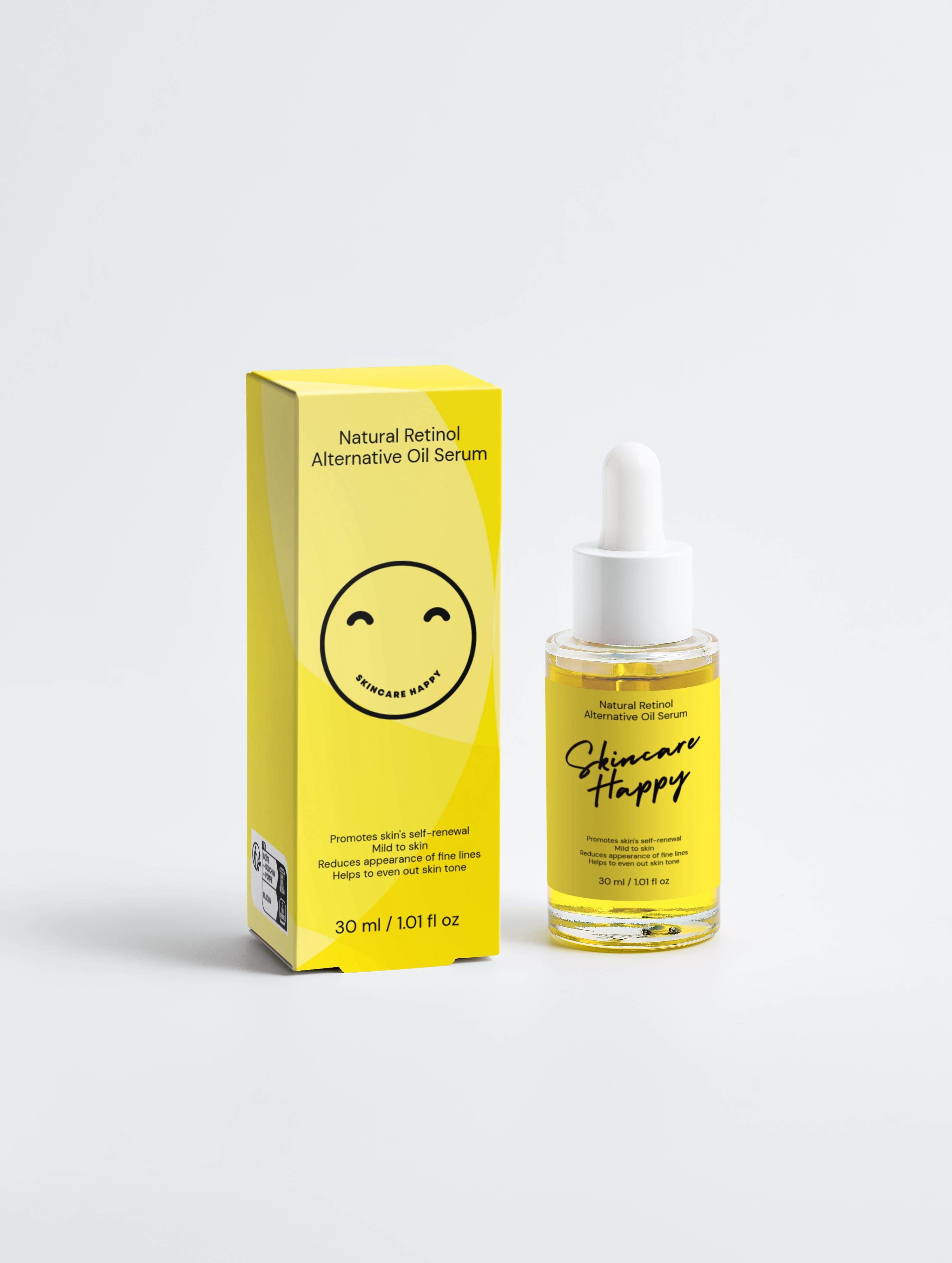 Skincare Happy oil serum bottle and packaging on a white background