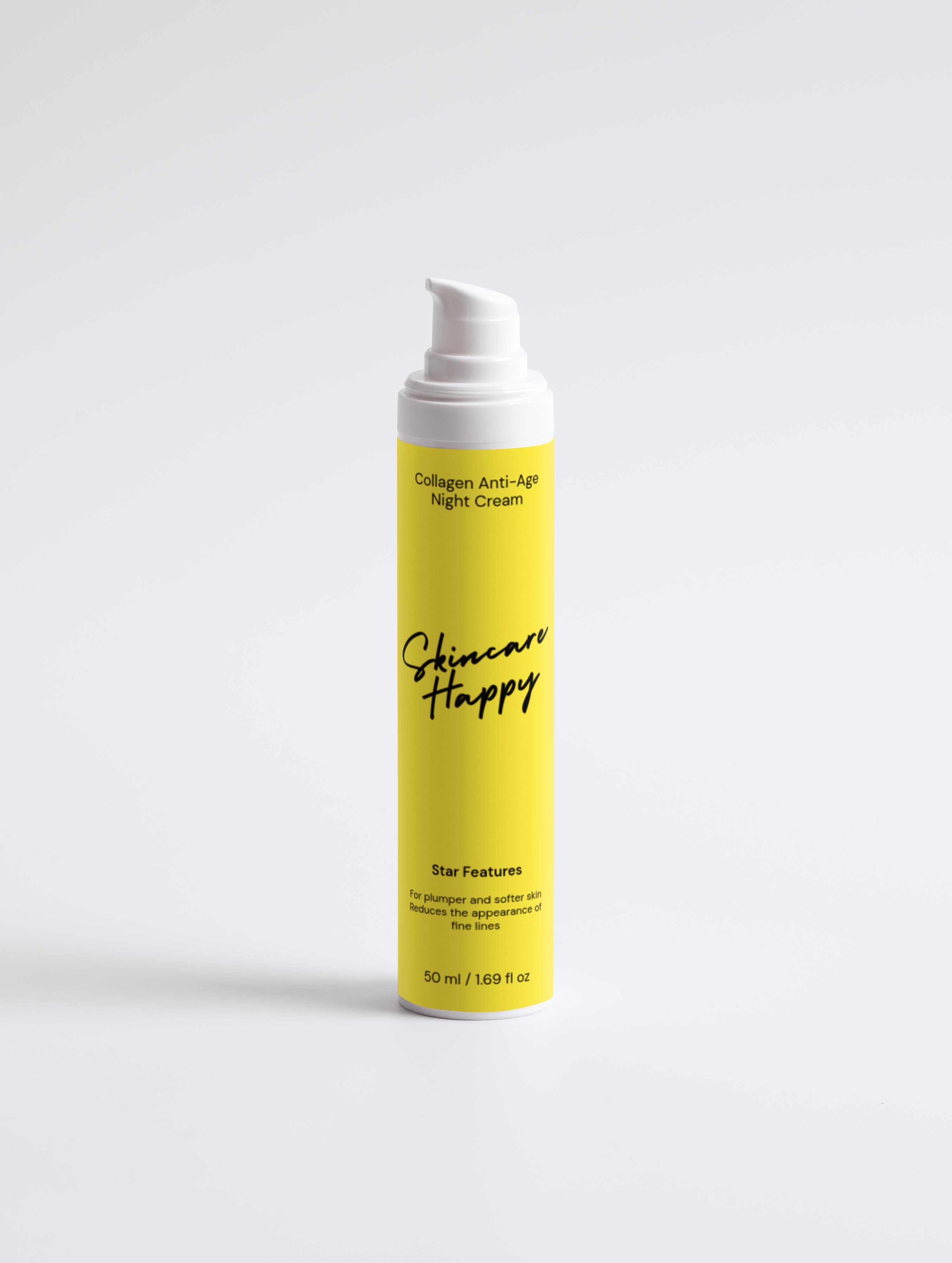 Yellow skincare cream bottle with white cap on a light gray background