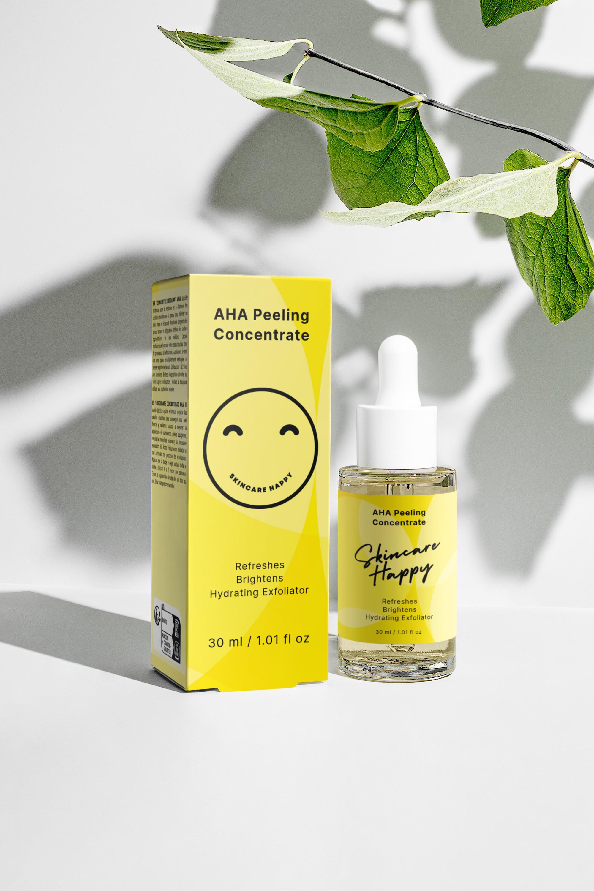 AHA Peeling Concentrate bottle and box with a leafy branch on a light background