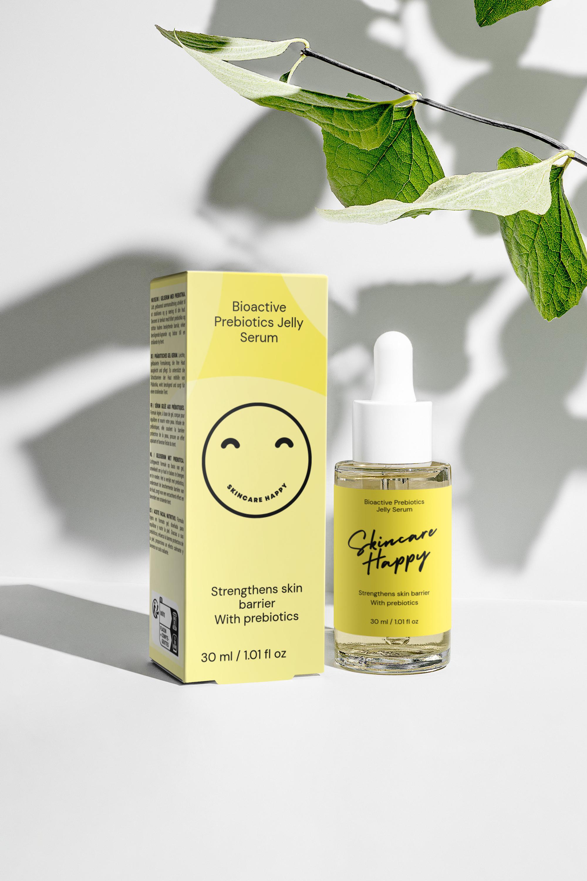 Bioactive Prebiotic Jelly Serum packaging with a dropper bottle on a light background