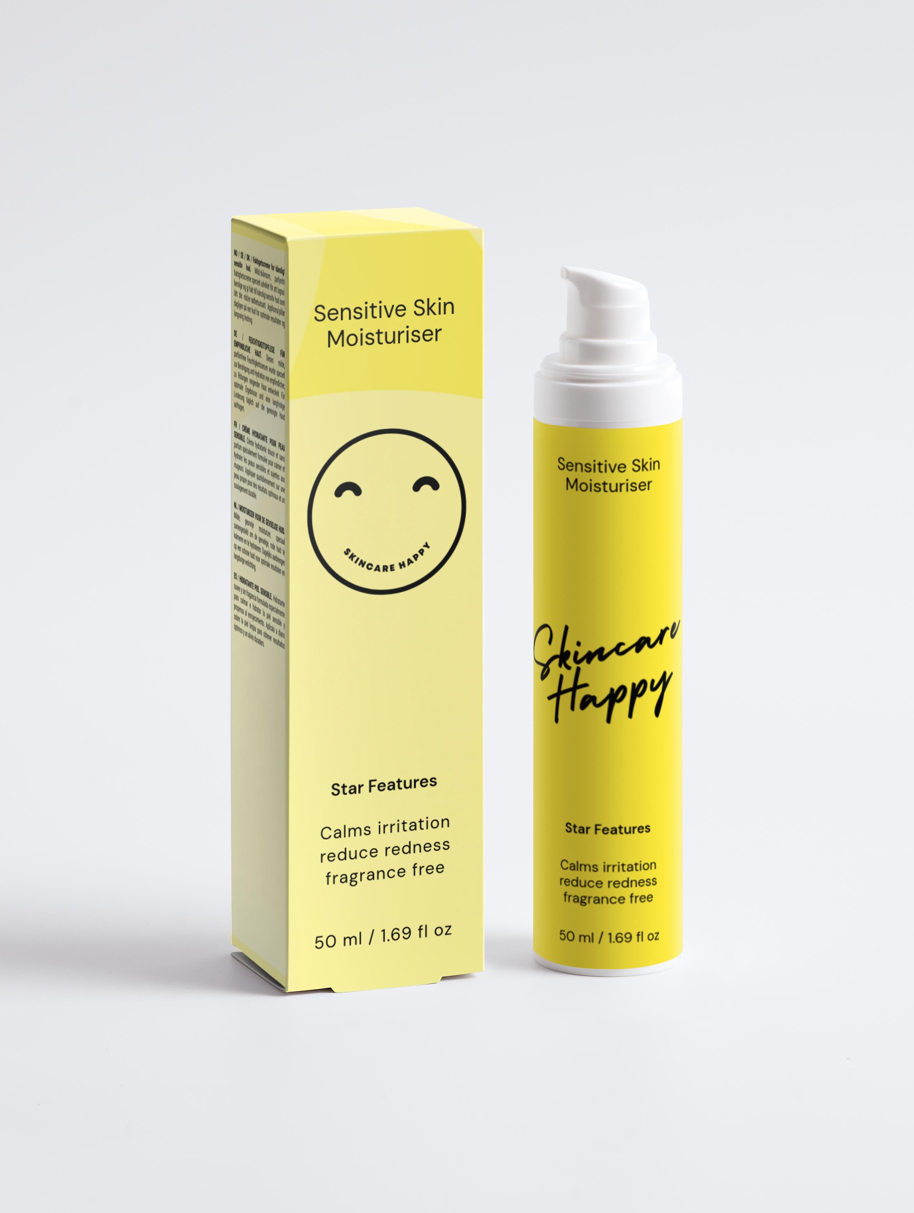 Skincare Happy sensitive skin moisturizer bottle and packaging on a white background