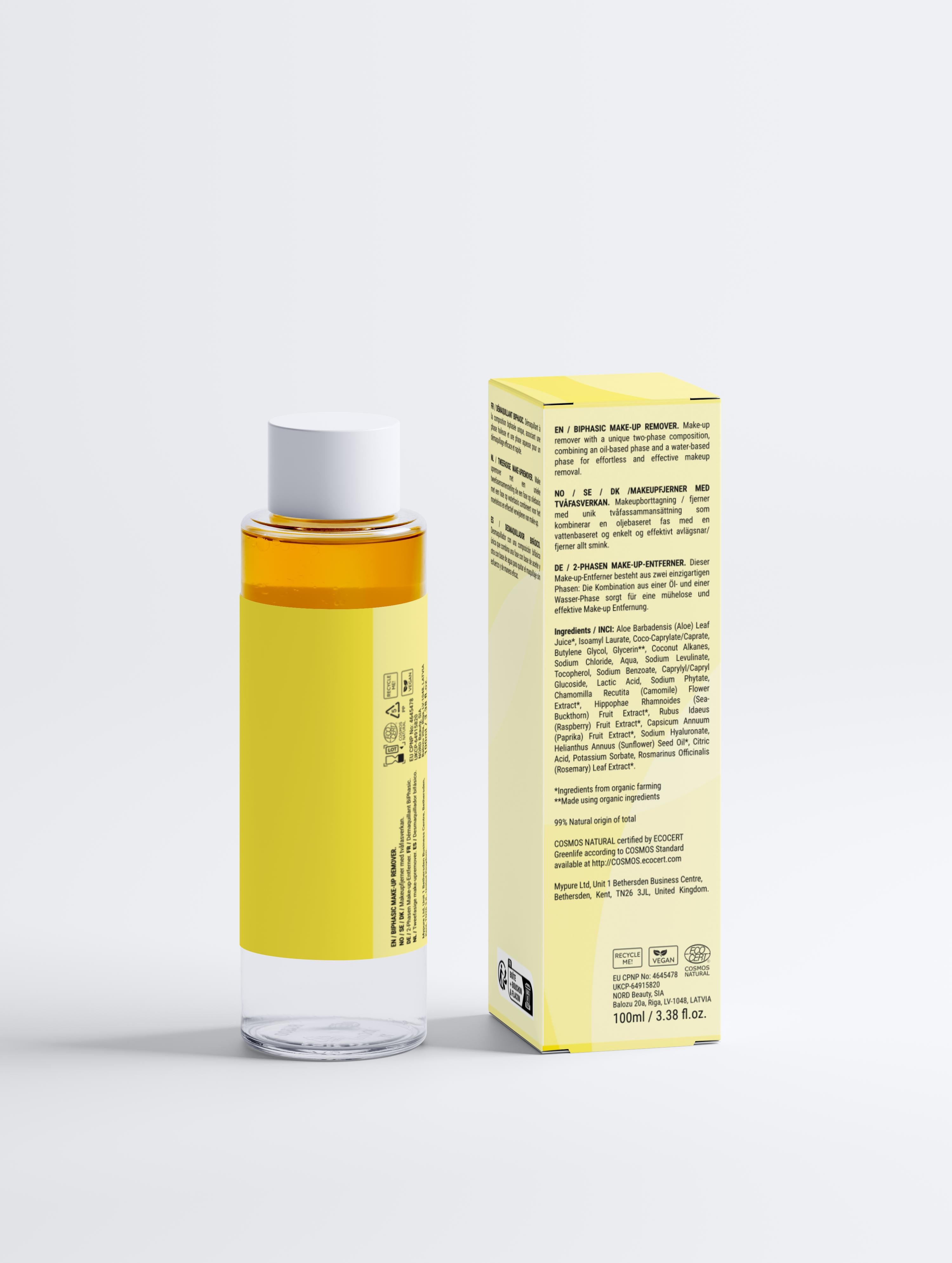 Skincare bottle with yellow label and packaging on a white background