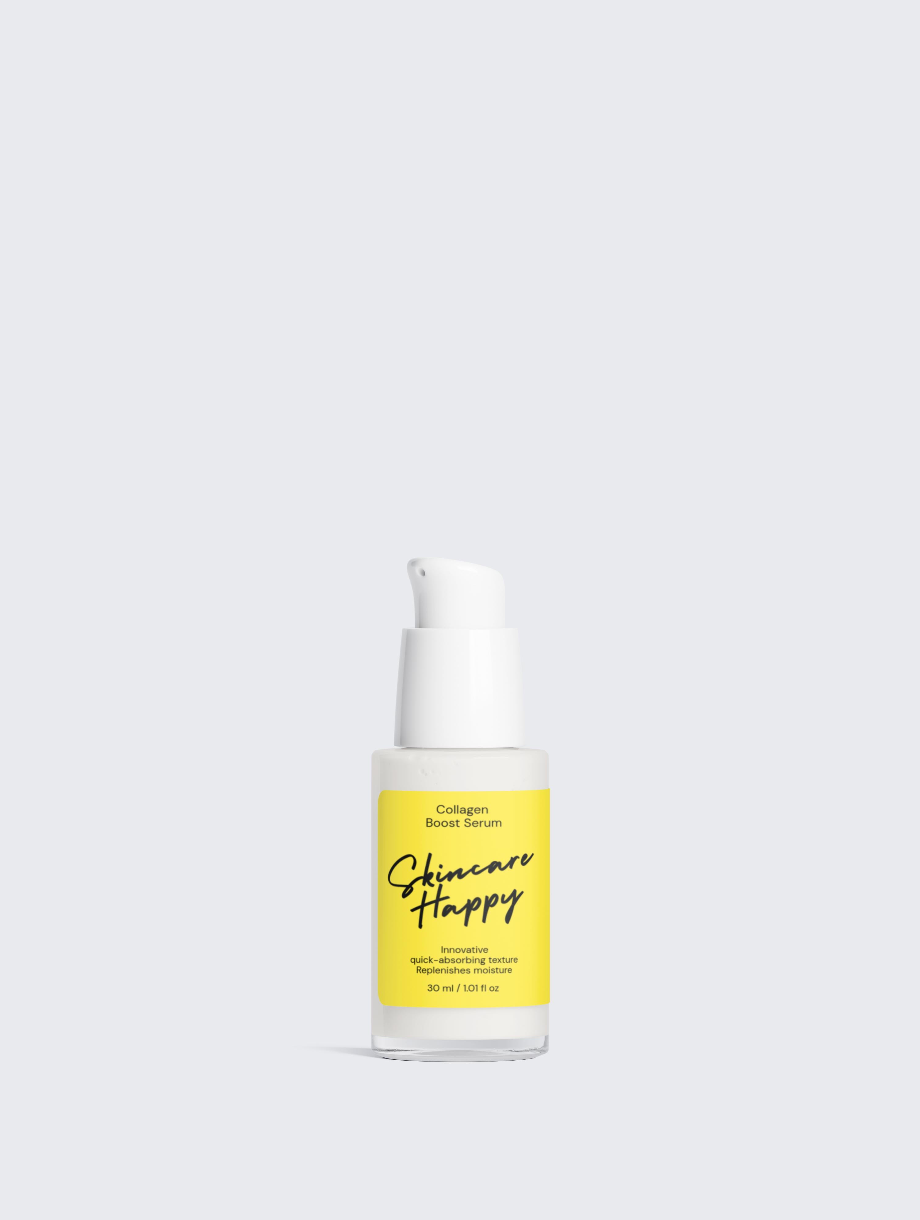 Skincare serum bottle with yellow label on a white background