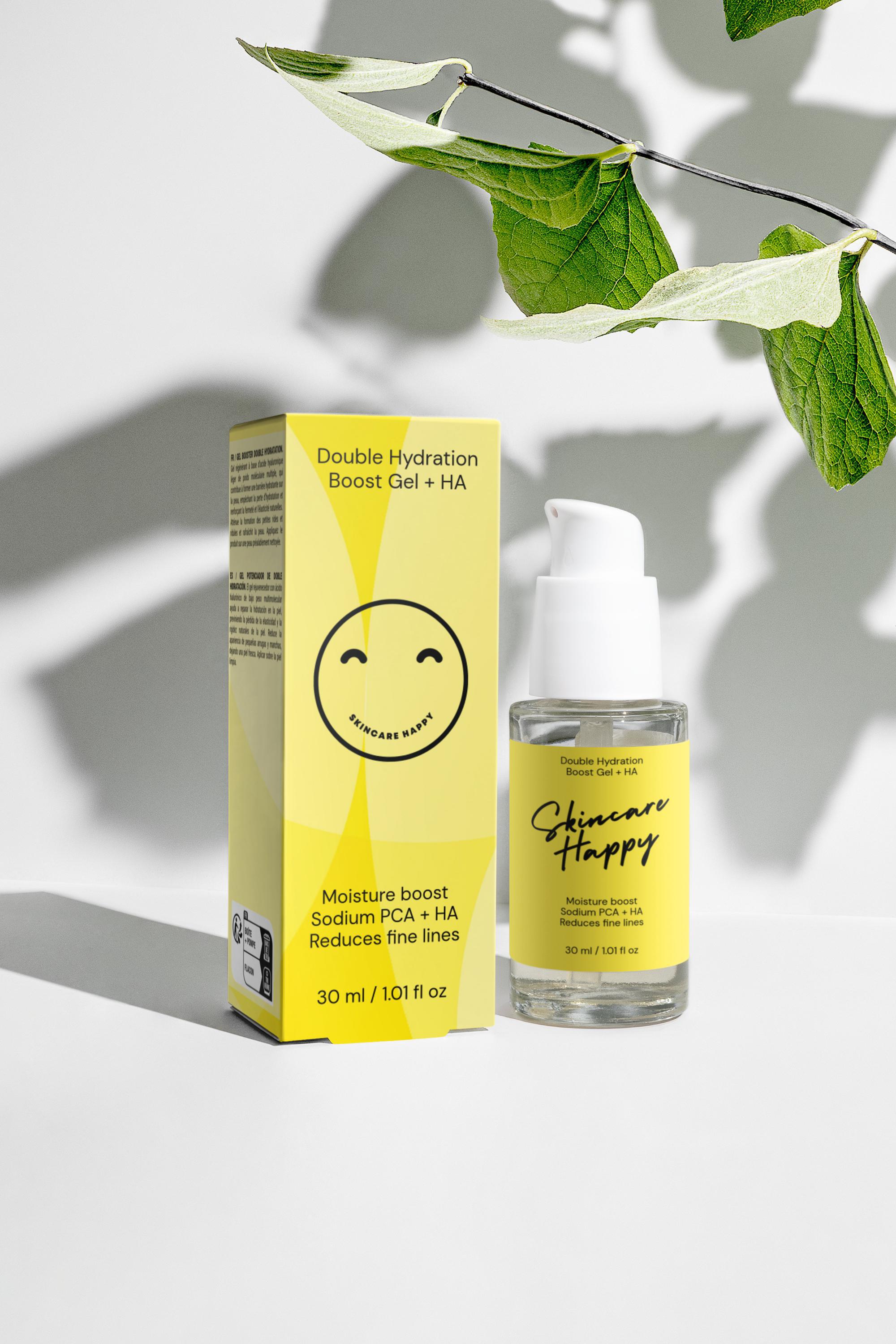 Skincare Happy product packaging with bottle and box on a light background