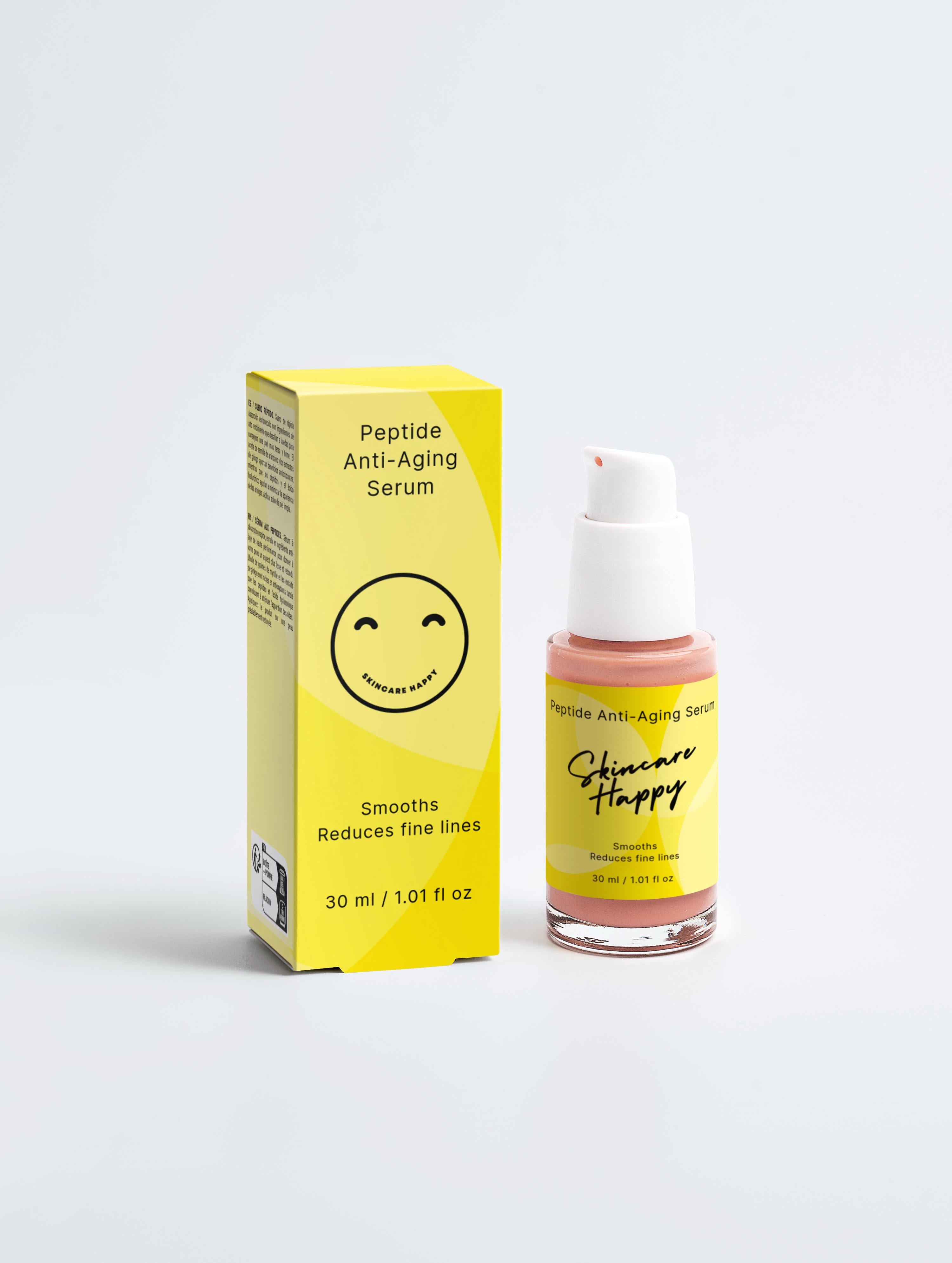 Peptide anti-aging serum bottle with yellow box on a white background