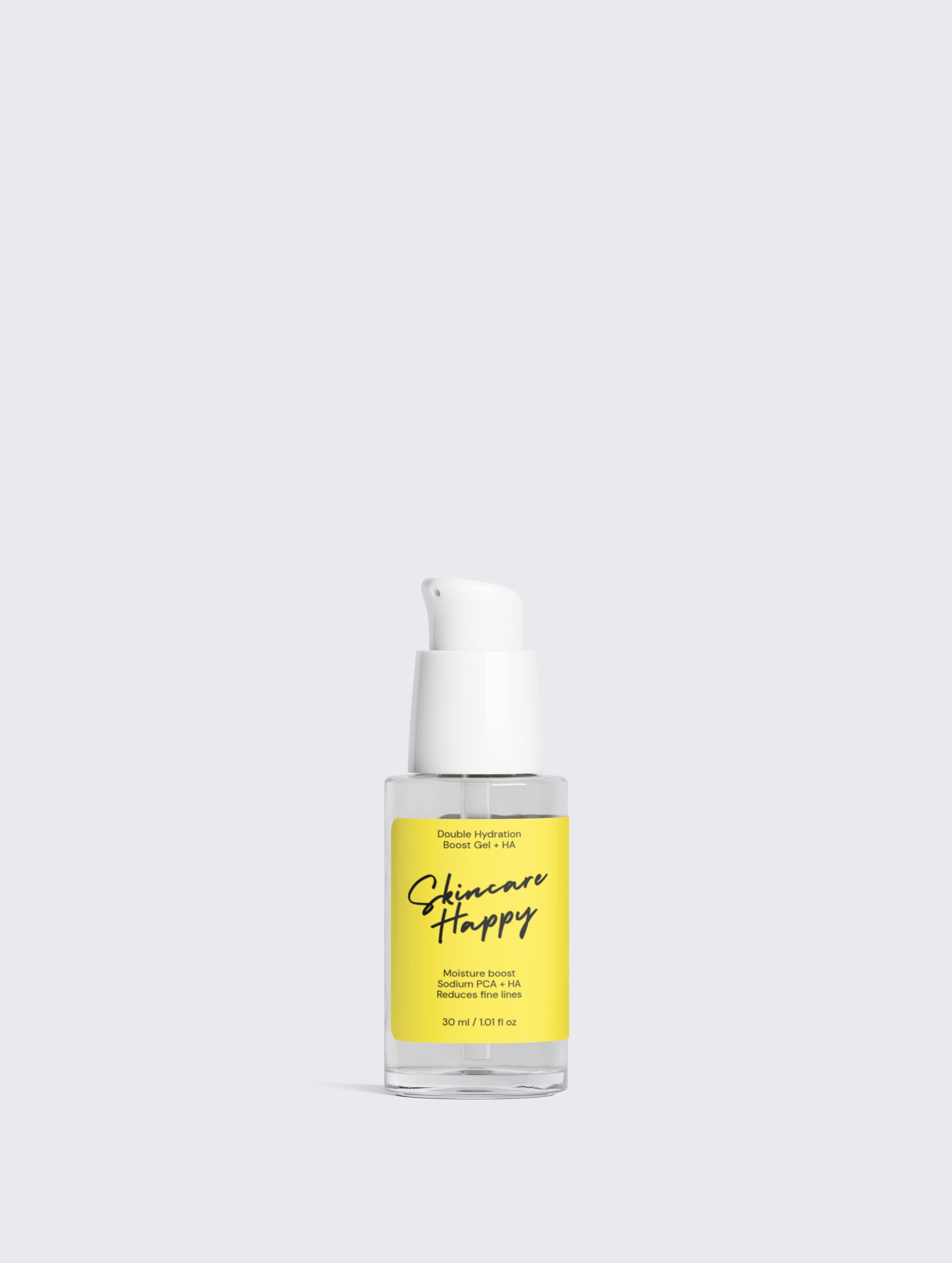 Skincare Happy serum bottle with yellow label on a white background