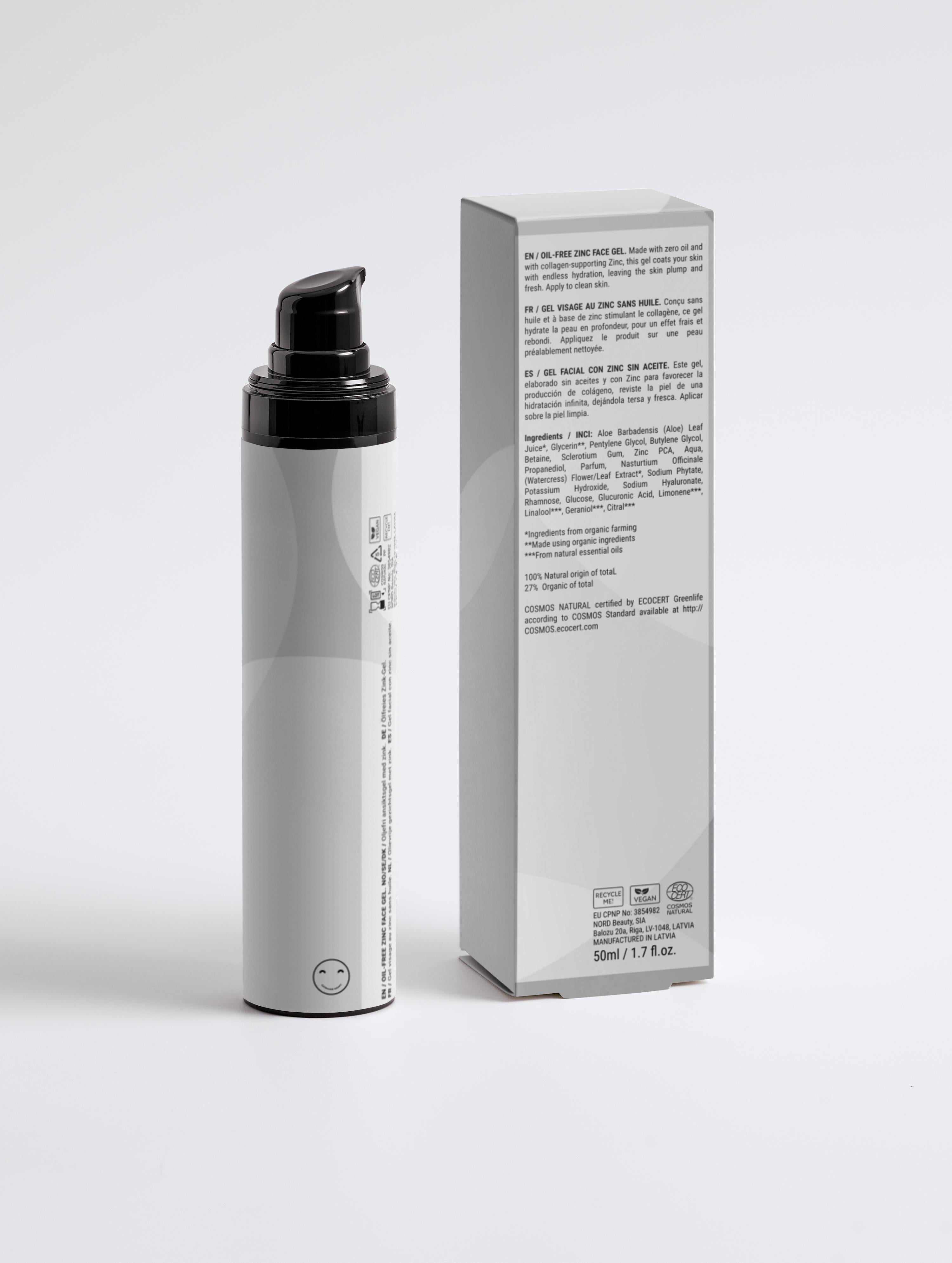 Skincare bottle with pump and its packaging on a light gray background