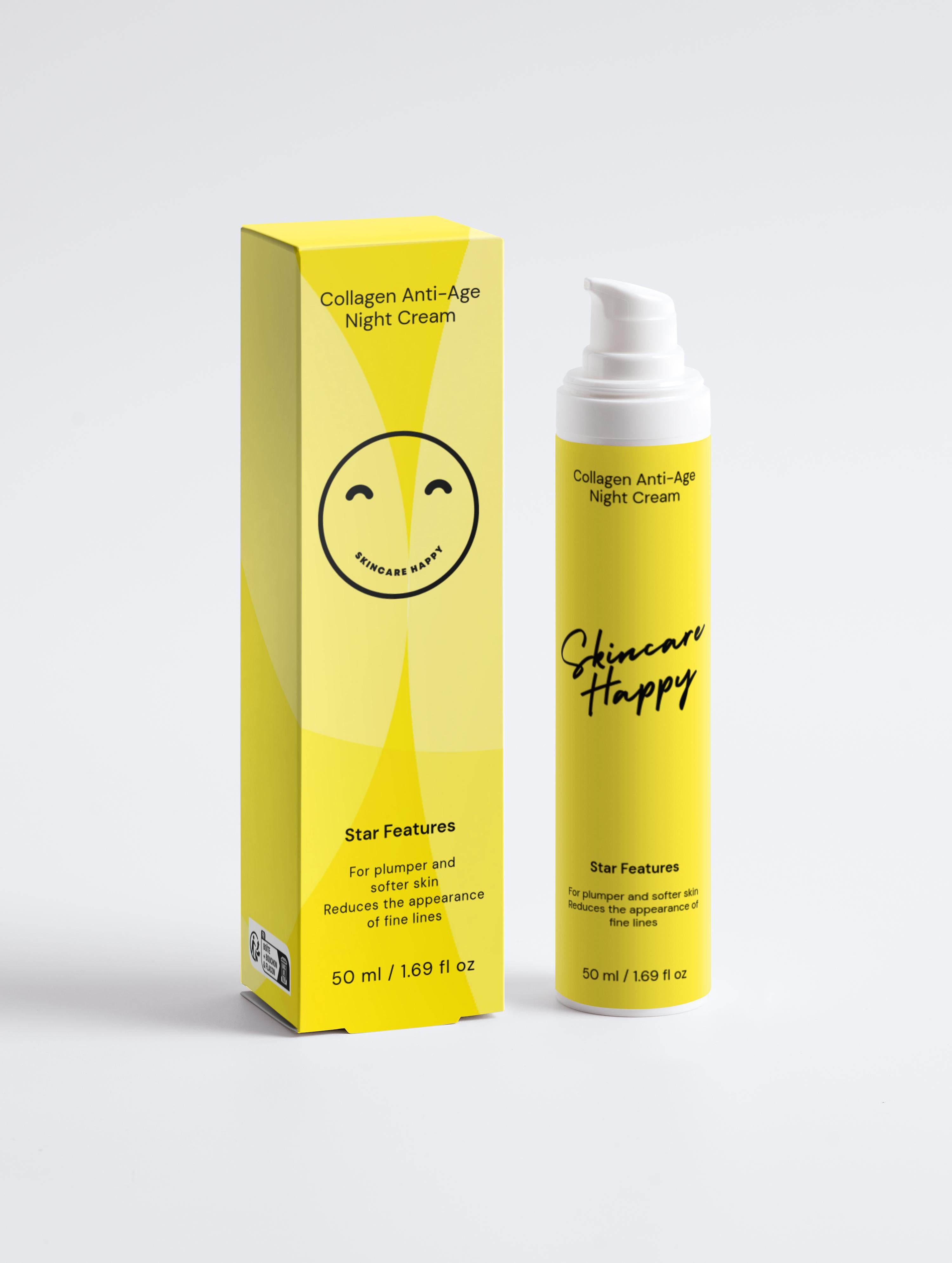 Collagen Anti-Age Night Cream with yellow packaging and white cap on a light gray background