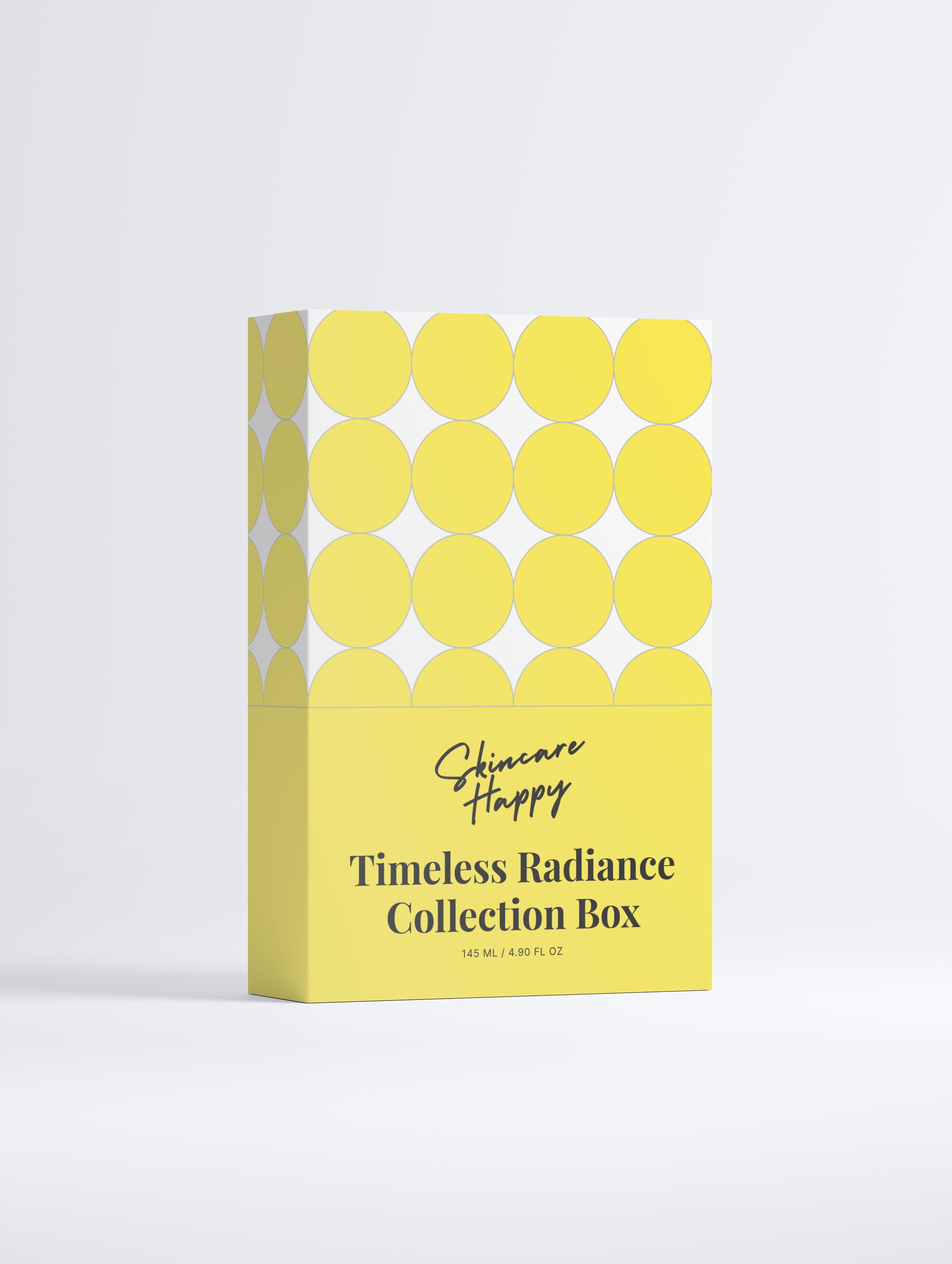 Yellow box with circular patterns and 'Skincare Happy' branding on a white background