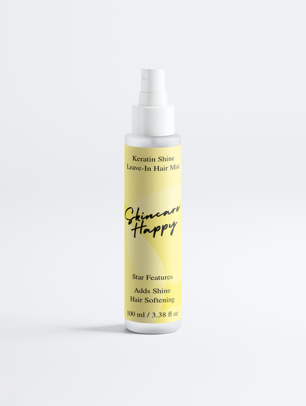 Skincare Happy hair care product bottle with yellow label on a white background