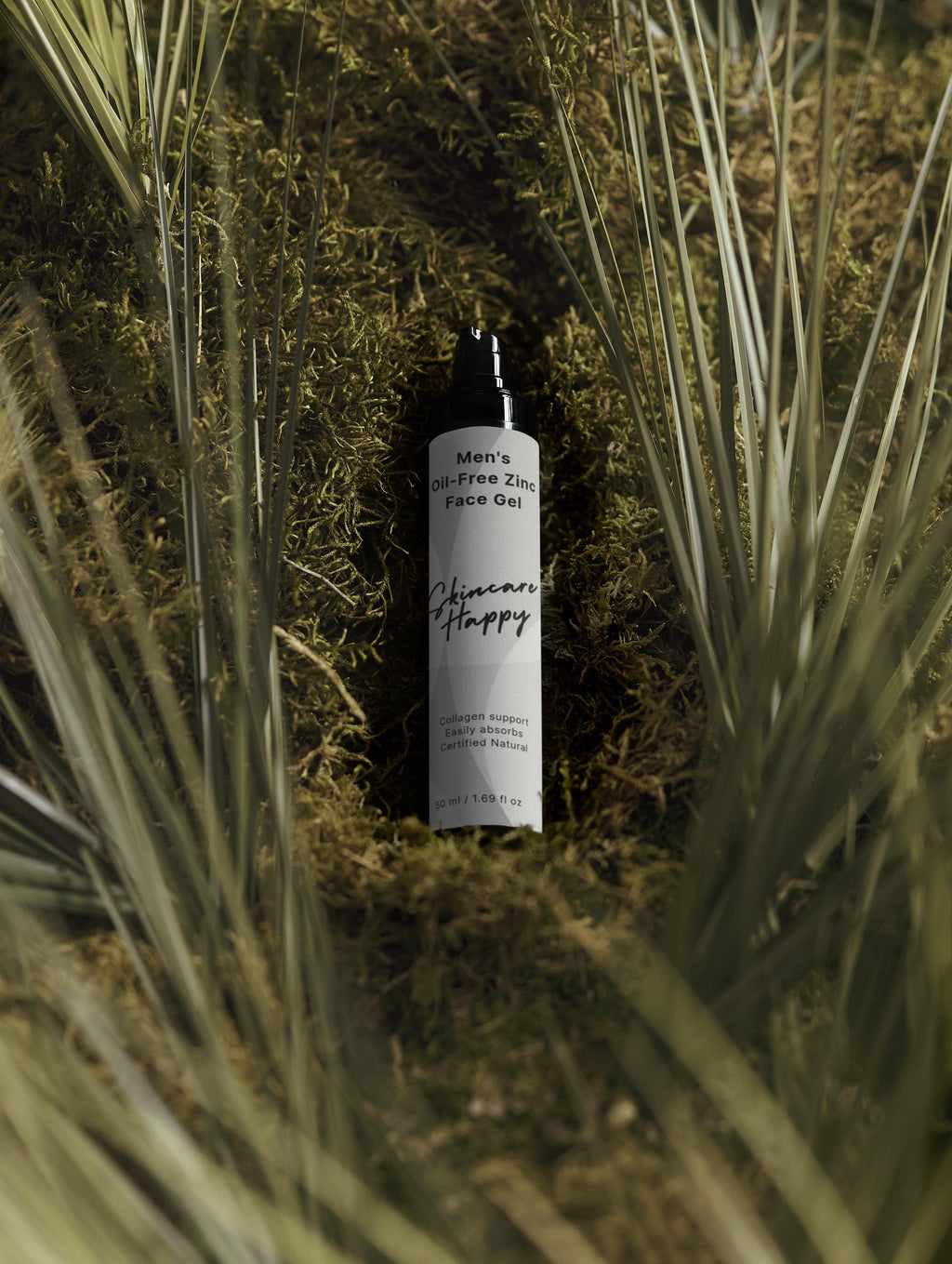 Bottle of 'Skincare Happy' skincare product in a natural setting with plants