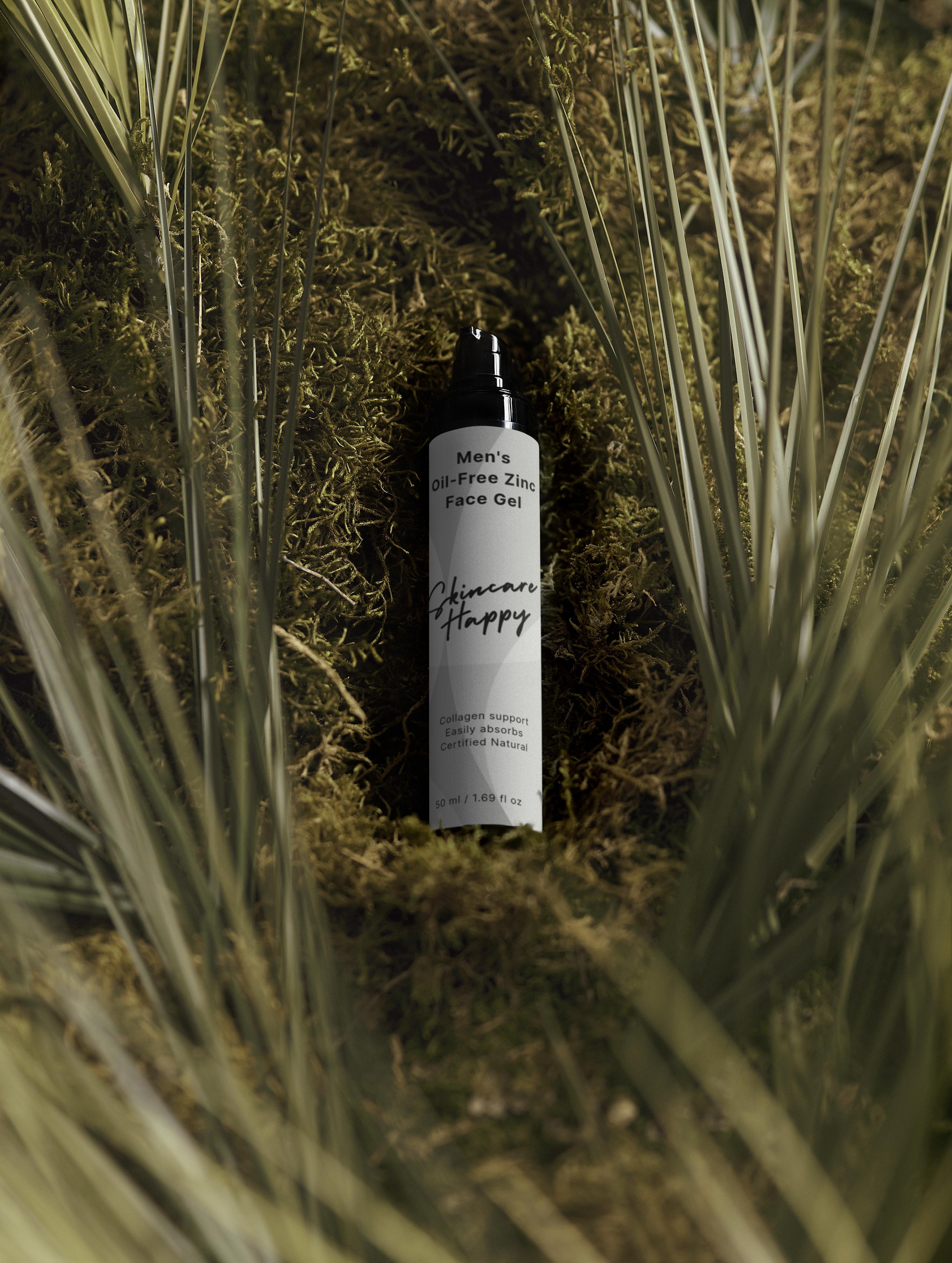 Bottle of 'Skincare Happy' skincare product in a natural setting with plants