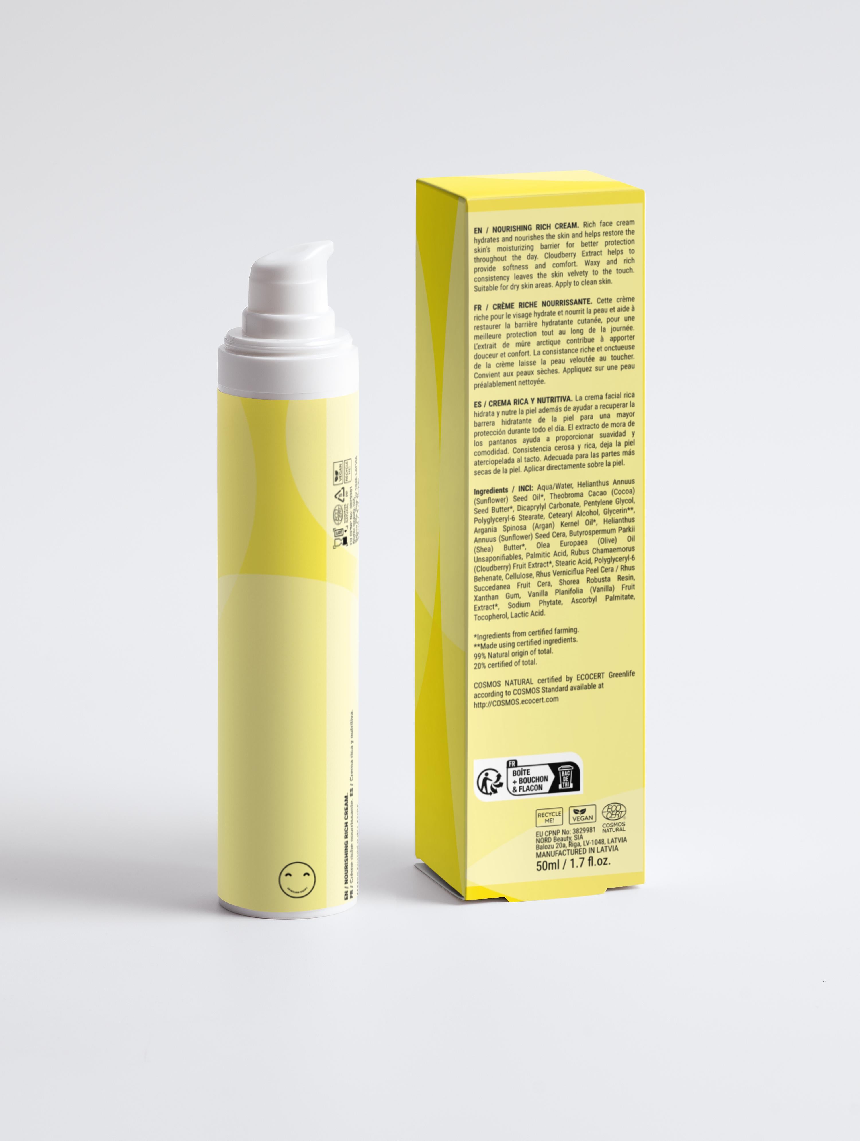 Yellow spray bottle with white cap and matching box on a light gray background