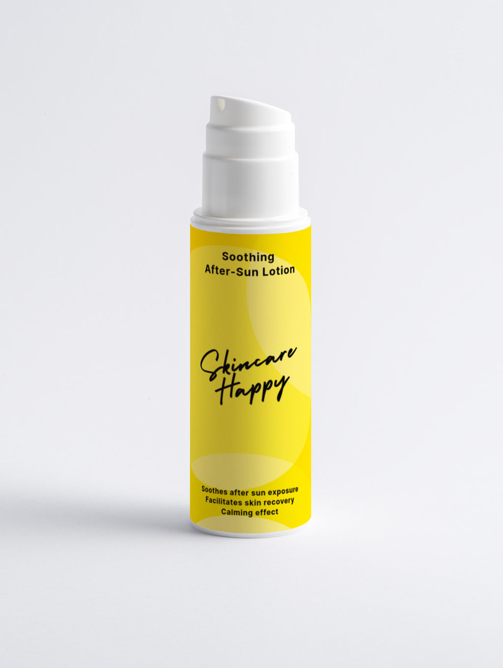 Yellow skincare bottle labeled 'Skincare Happy' on a light gray background
