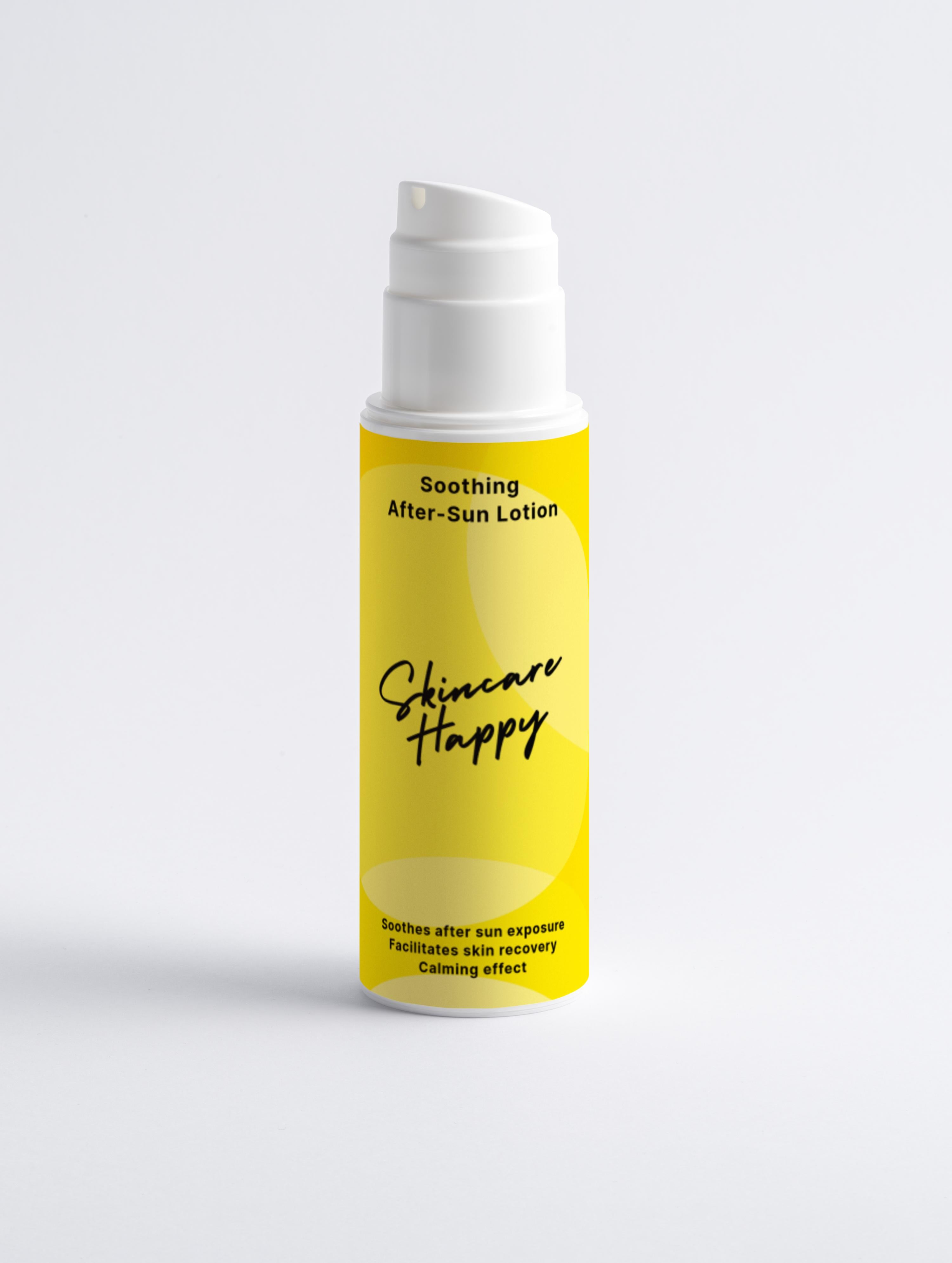 Yellow skincare bottle labeled 'Skincare Happy' on a light gray background