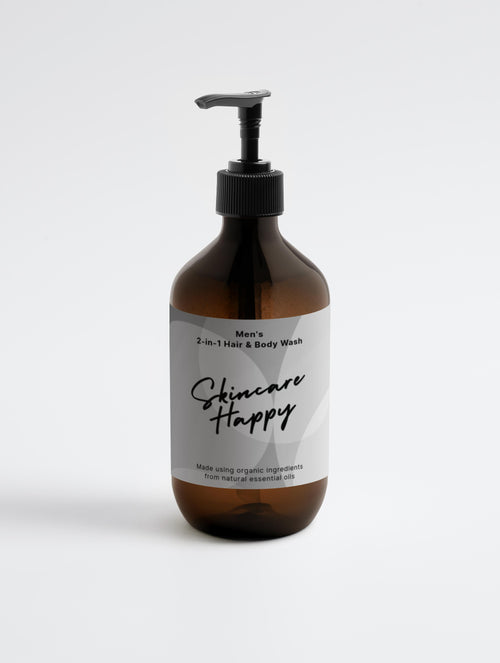 Brown bottle of Men's 2-in-1 Hair & Body Wash with a pump, labeled 'Skincare Happy' on a white background.