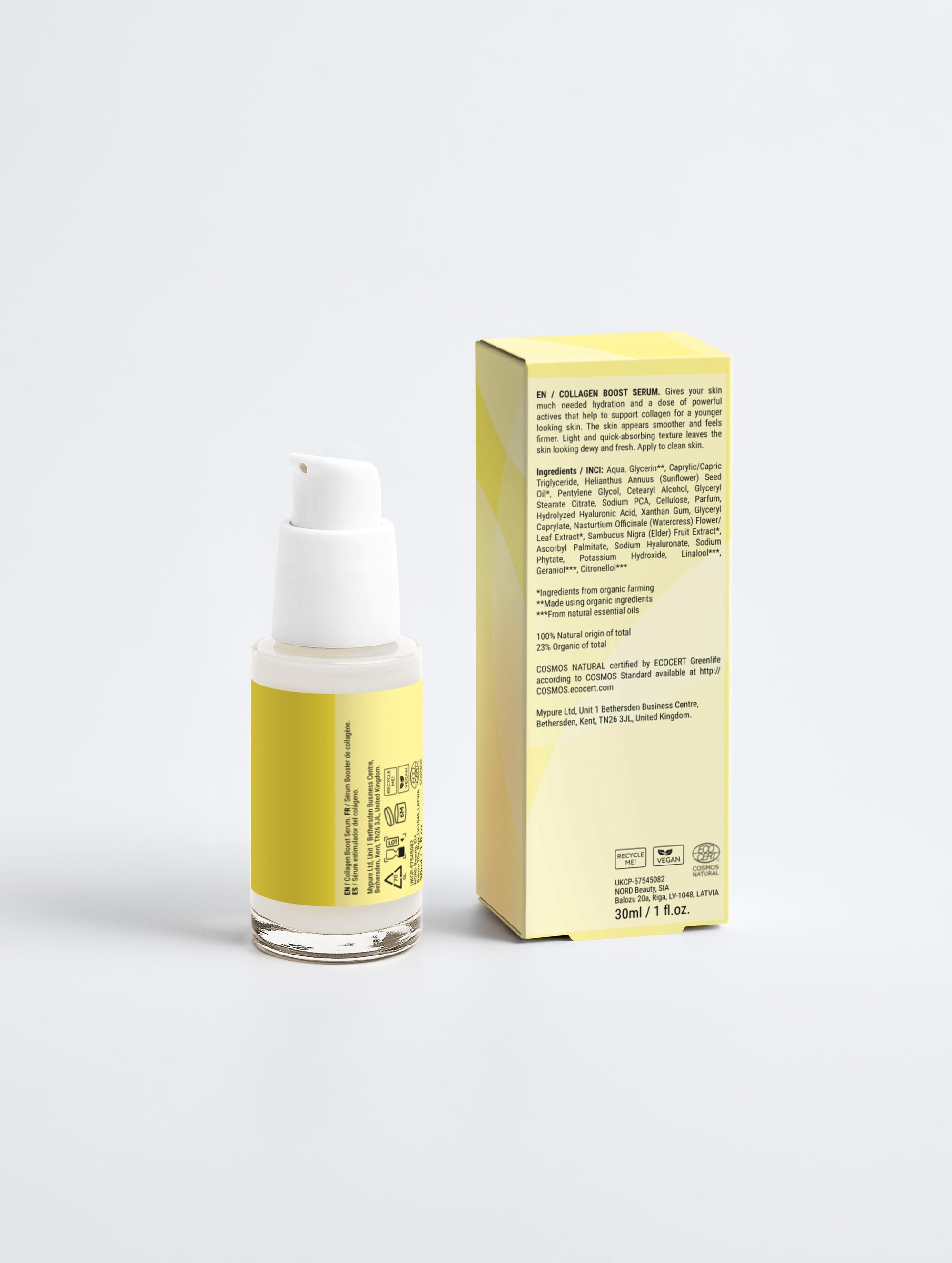 Skincare serum bottle with yellow label and box on a white background