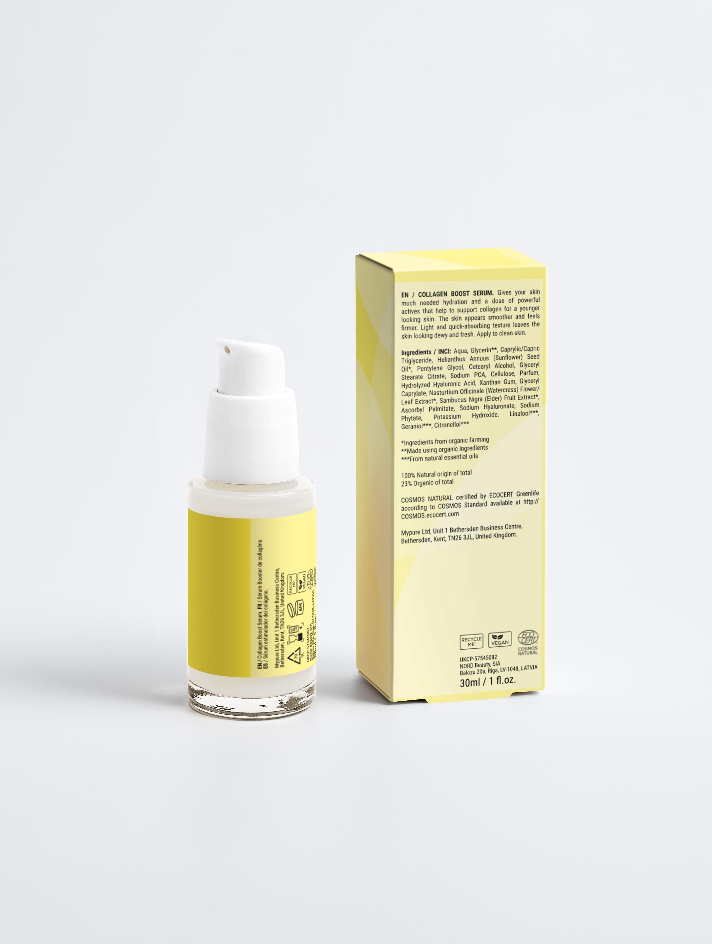 Skincare serum bottle with yellow label and box on a white background
