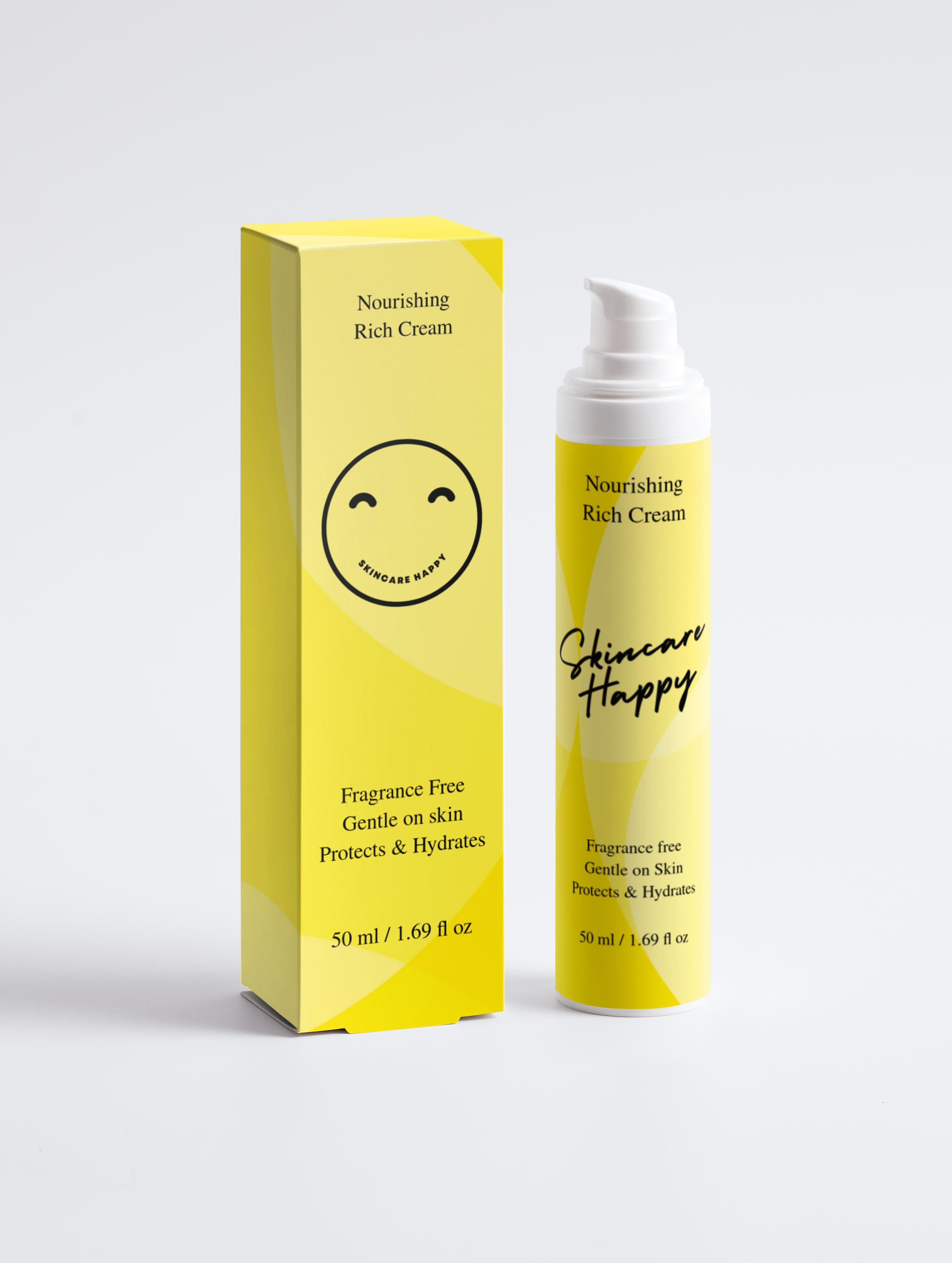 Skincare Happy nourishing rich cream and packaging on a white background