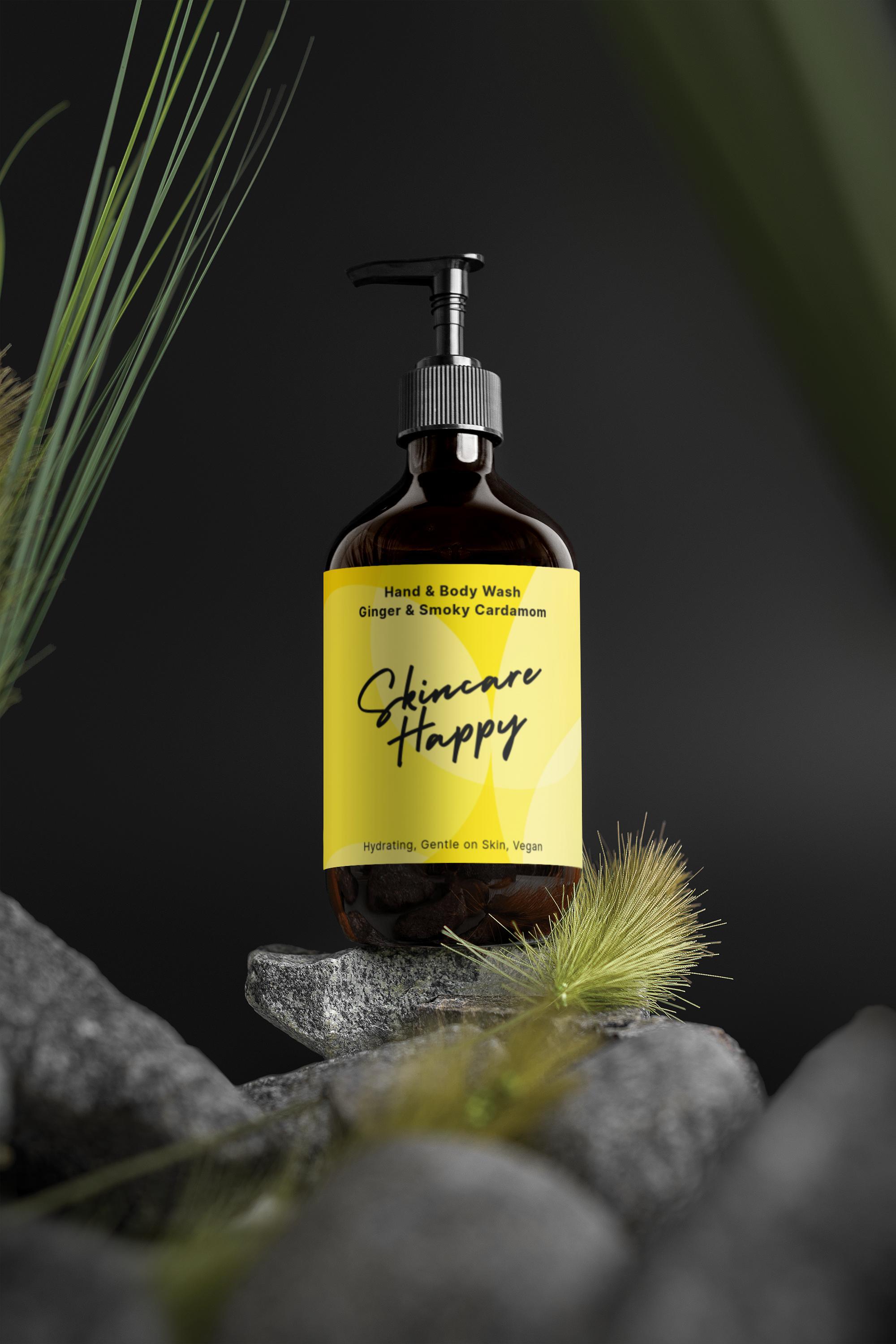 Bottle of skincare product with a yellow label on a dark background