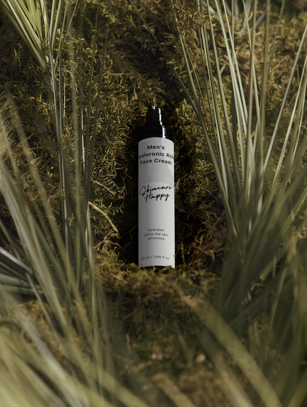 Skincare bottle labeled 'Happy' in a natural setting with plants