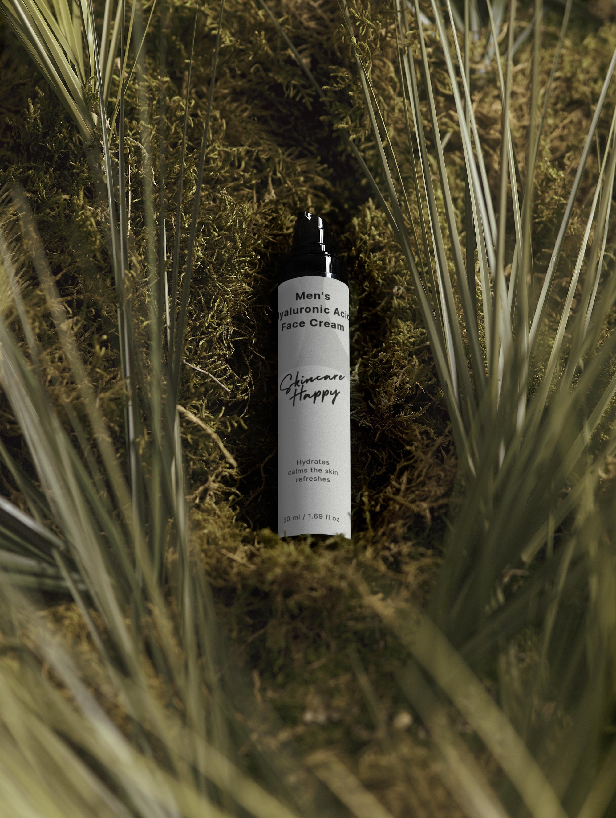 Skincare bottle labeled 'Happy' in a natural setting with plants